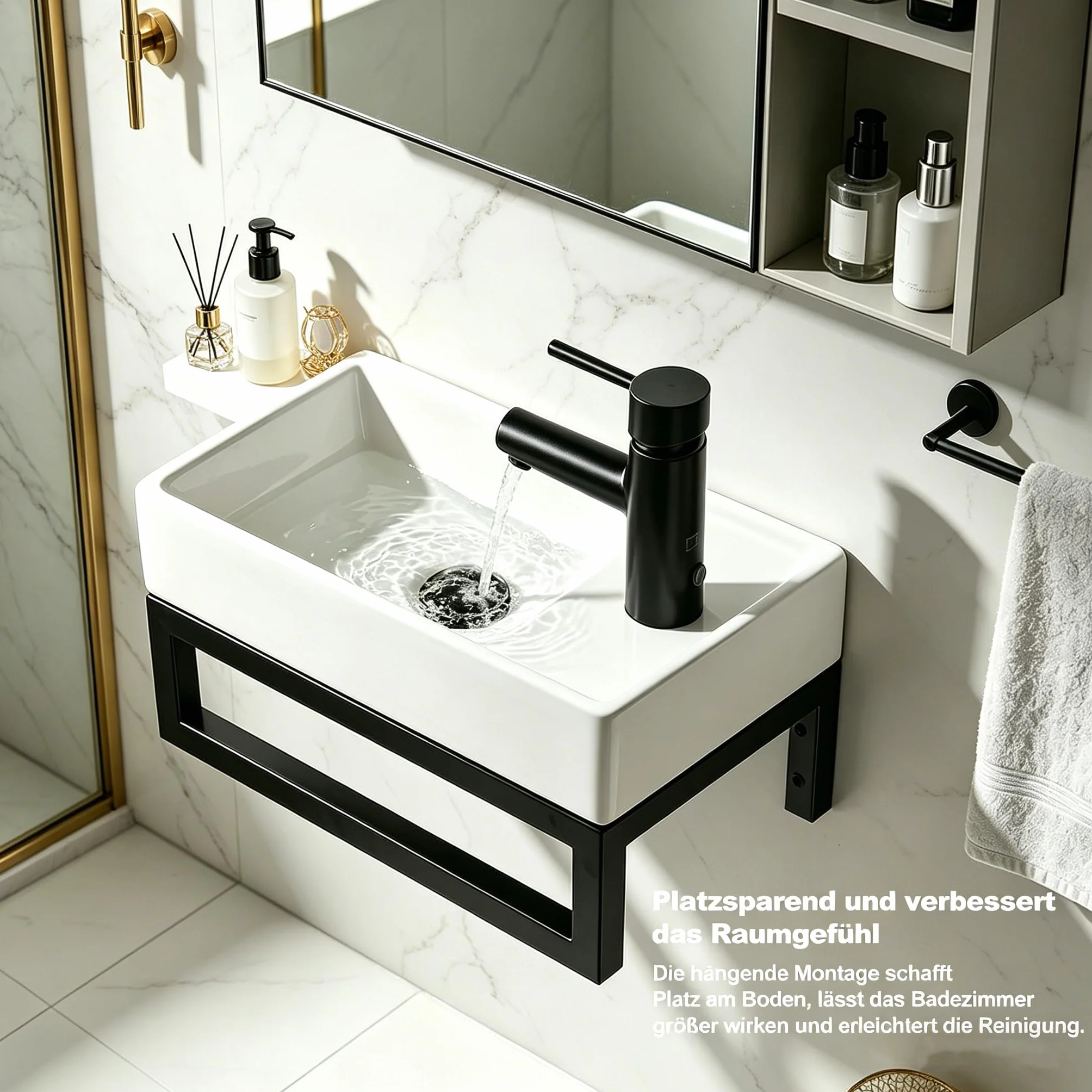 NUESTRA VIDA Lavabo WC Sospeso, 40x22 cm, per Bagno Ospiti e Piccoli Spazi. Struttura in Metallo Nero Opaco con Troppopieno, Design Salvaspazio per Appartamento