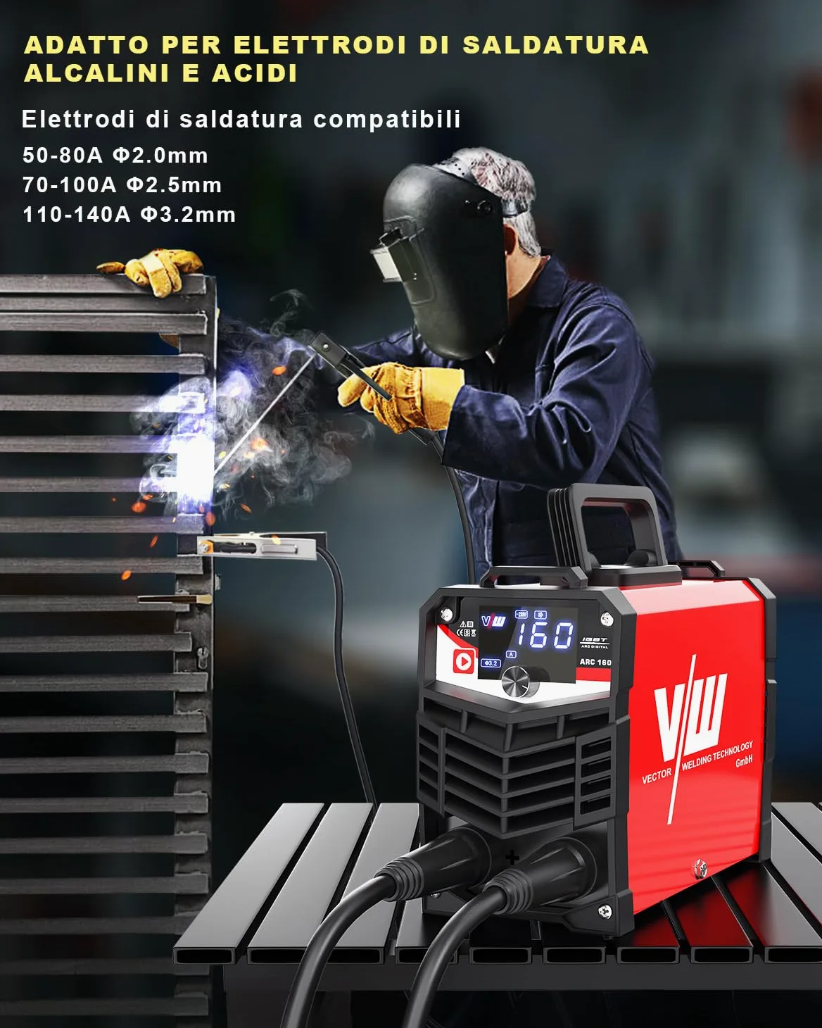 VECTOR WELDING 160A Saldatrice a Elettrodi, MMA/ARC/STICK Inverter Saldatrice, Saldatrice Portatile con IGBT e MCU per Principianti e Professionisti, ARC 160 con Hot Start, Arc Force