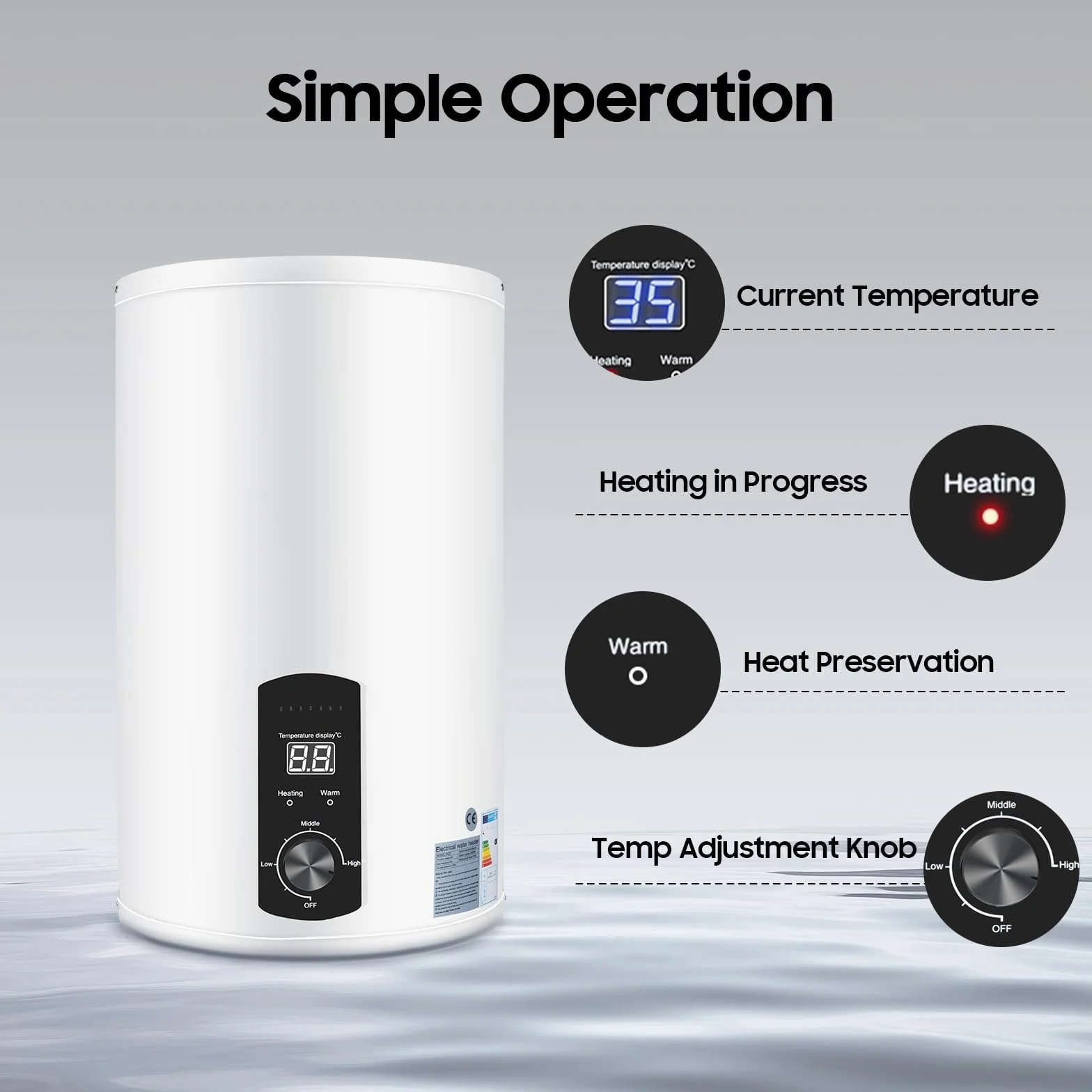 Scaldabagno elettrico ad accumulo | 2000 W elettrico istantaneo | Boiler ad acqua da parete con doccetta e tubi | Intervallo di controllo della temperatura: 25 – 75 °C | Capacità contenitore 30 – 70 L