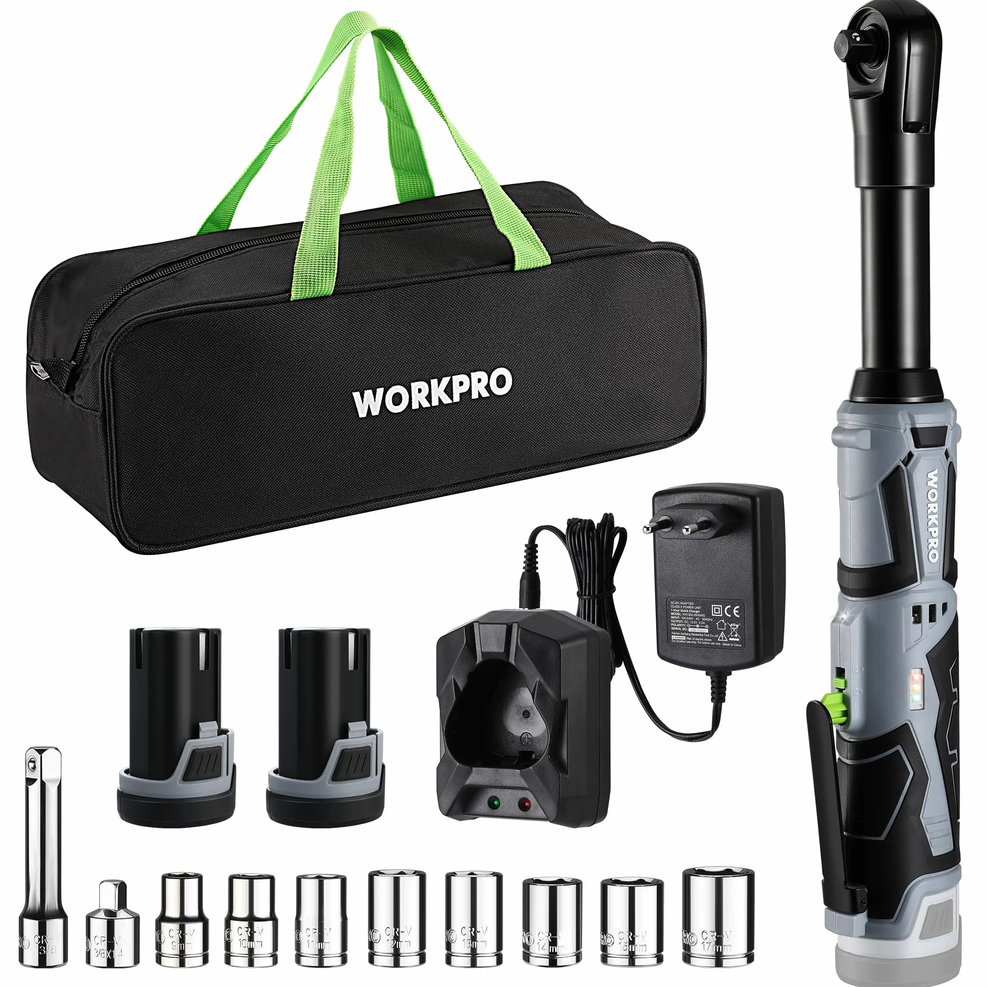 WORKPRO Chiave a Cricchetto Elettrica Senza Fili Set, Chiave a Cricchetto a Batteria 12V, 3/8", 55Nm Cricchetto a Batteria con 2 Batterie da 2,0 Ah, Luce LED, incl. 10 Prese, Custodia, Caricabatterie