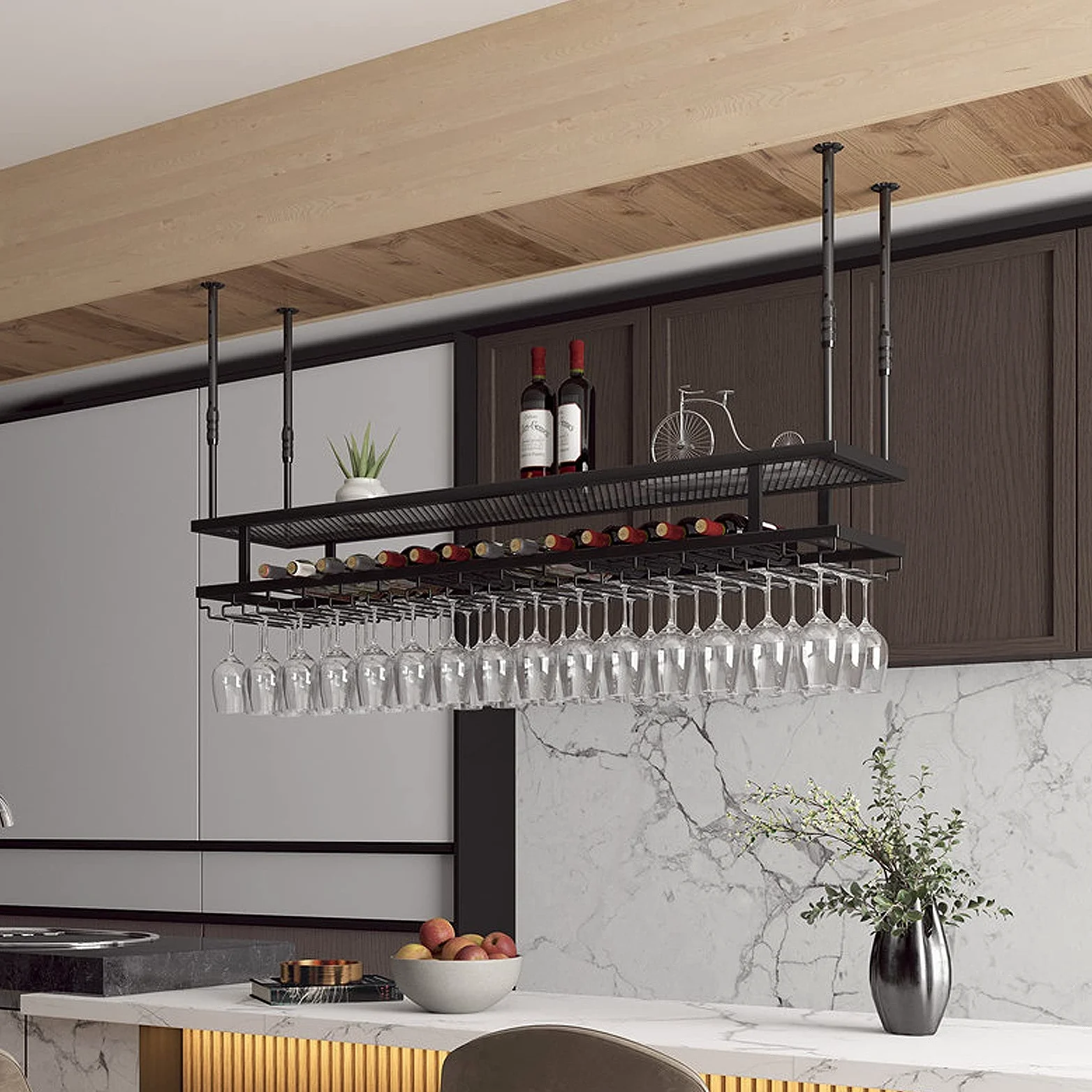 BTZHY Portabottiglie,Mensola da soffitto Industriale da Appendere con Supporto in Vetro, portabicchieri da Vino Regolabile da Bar a soffitto, mensola Galleggiante a 2 Livelli, per Esposizione, con