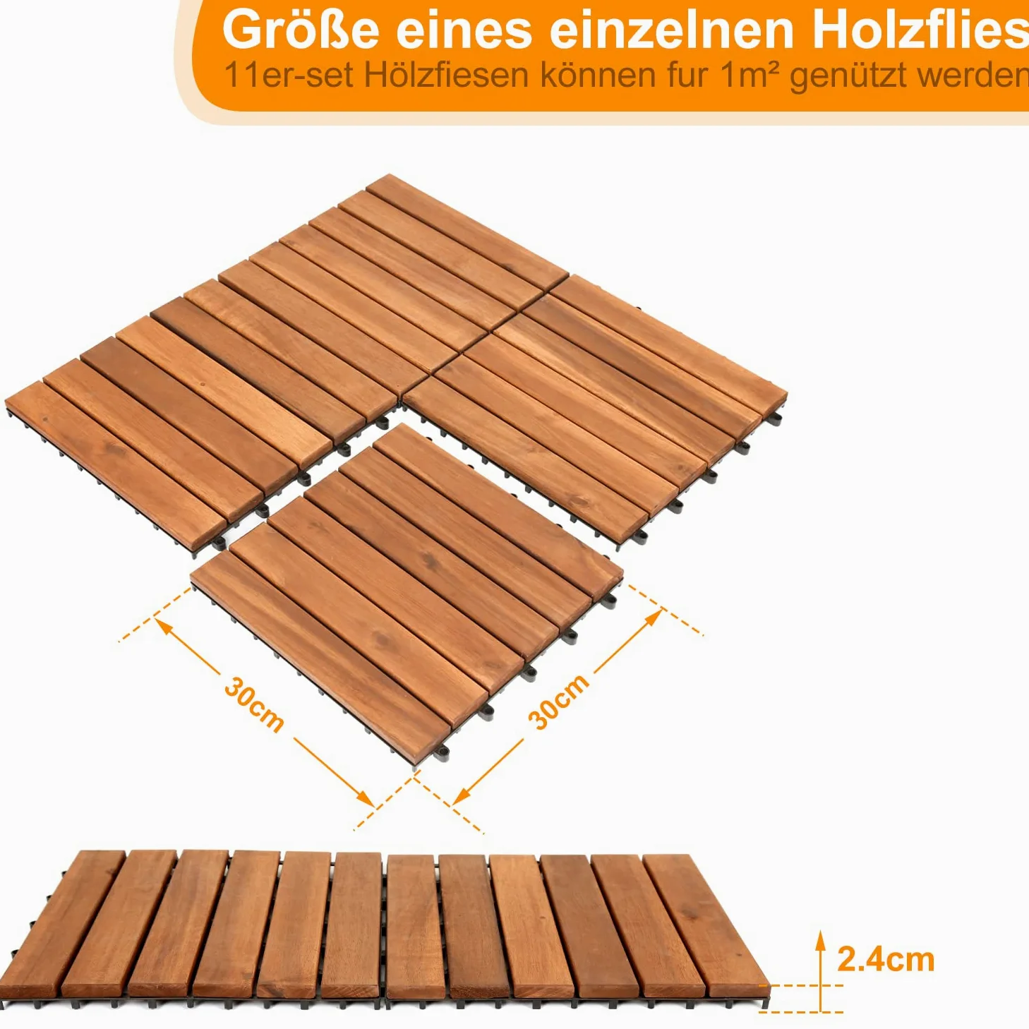 Piastrelle in legno, 55 pezzi, in legno di acacia, 30 x 30 cm, 11 piastrelle per 1 m², per esterni, interni, balcone, con sistema di drenaggio e fissaggio a incastro, marrone