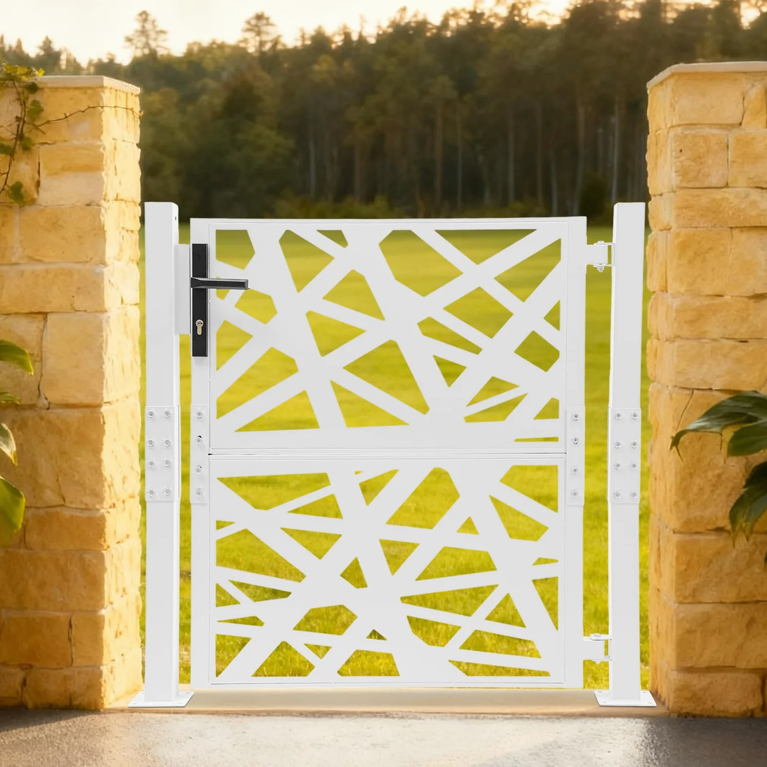 Cancello da giardino in metallo, porta da giardino in acciaio, chiudibile a chiave, cancello del cortile e cancello d'ingresso per giardino, terrazza e vialetto con design a motivo geometrico forato