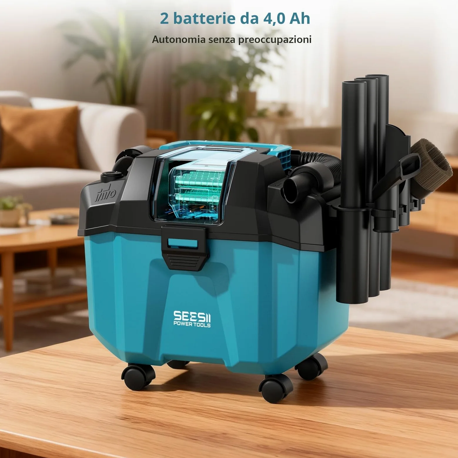 Seesii Aspiratutto Solidi e Liquidi, 2x4000mAh Batterie, 10L Aspirapolvere Bidone, 2 Velocità, Tracolla, 4 Ruote e Accessori, Ideale per Auto/Cantiere/Esterno/Casa (Blu)
