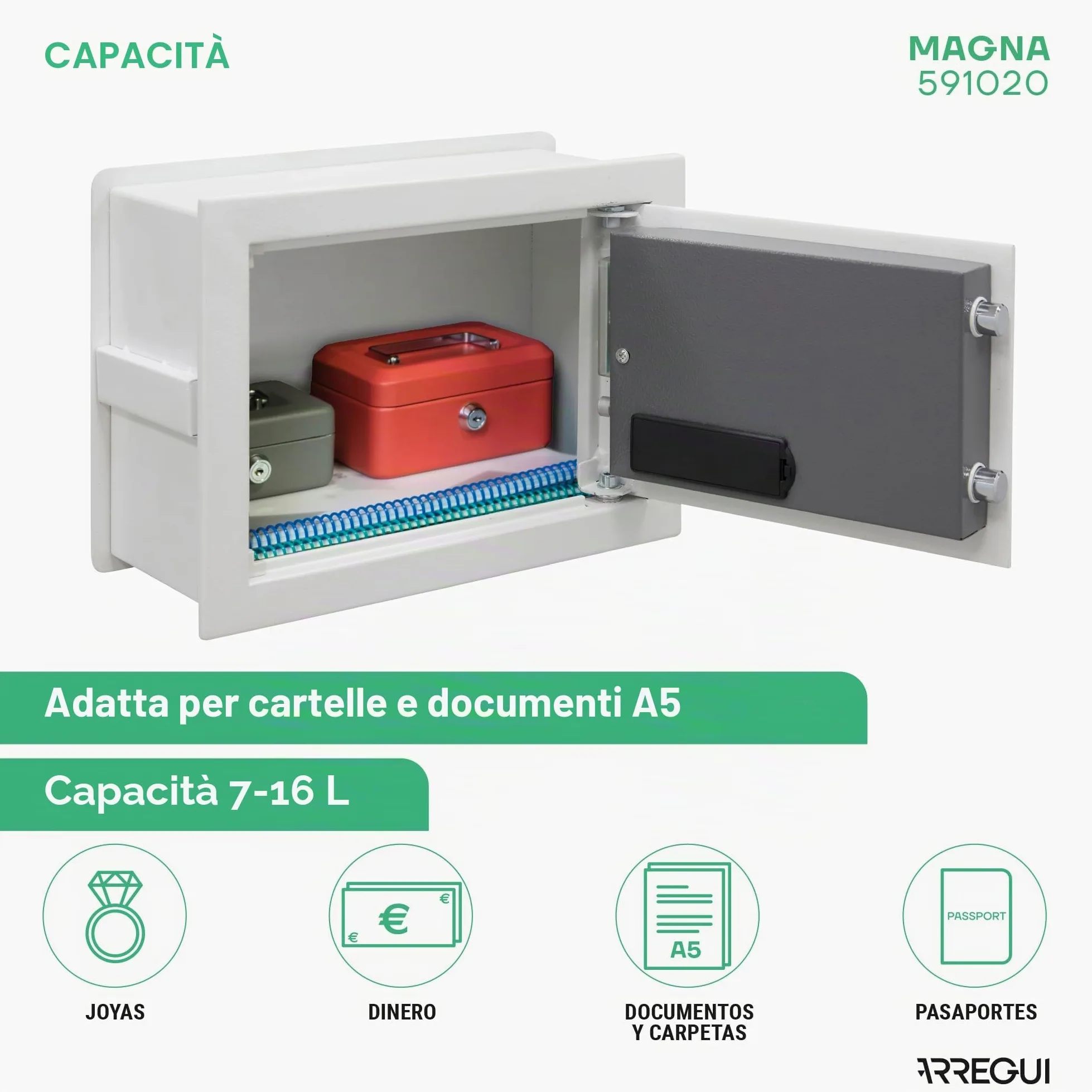 ARREGUI Magna 591020 Cassaforte da incasso con codice e chiave | Cassetta di sicurezza doppia con fondo estensibile per denaro | Cassaforte da parete elettronica per casa o ufficio | 26 x 36 x 15-25