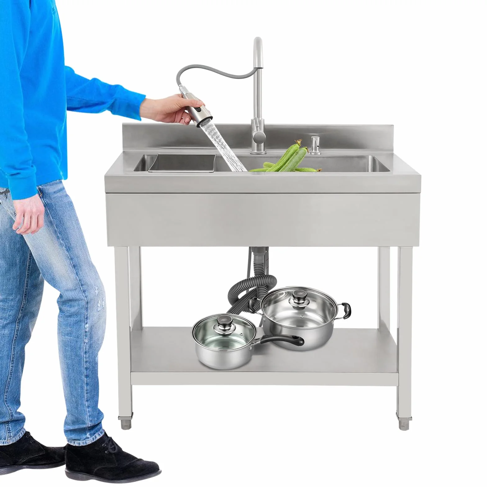 Lavello da cucina in acciaio inox, autoportante, in acciaio inox, 1 vasca, armadietto con lavello rubinetto, freestanding, cestello filtro per case, bagni, fattorie, cortili