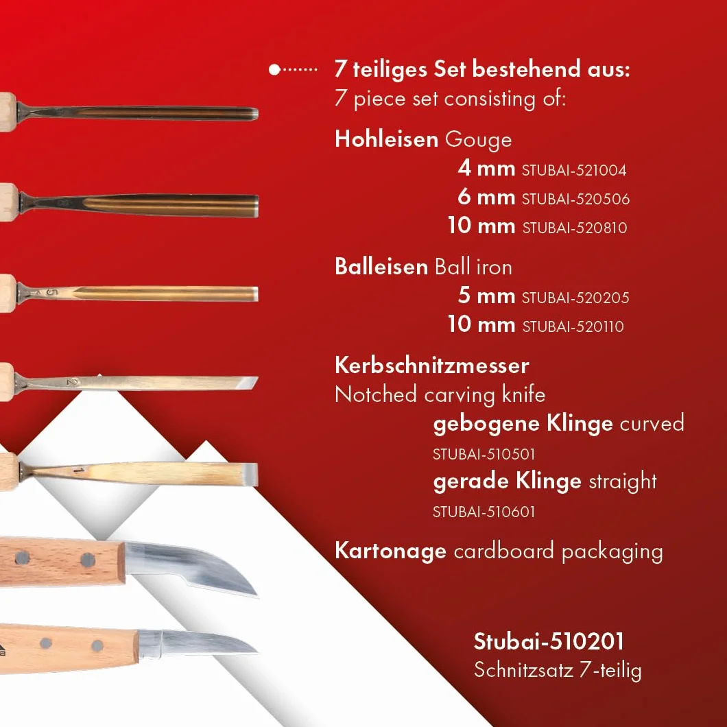 Stubai 510201 Assortimento sgorbie e coltelli 7 pzi, Rosso (Rot), M, Set di 7 Pezzi