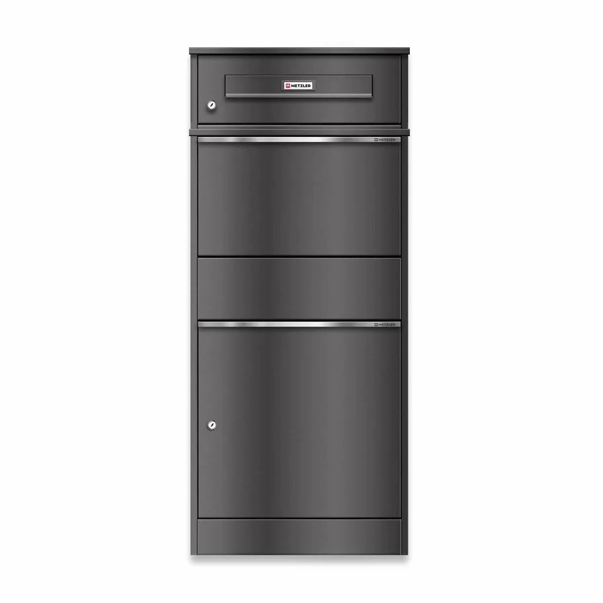 Metzler cassetta postale e box pacchi XXL da esterno acciaio zincato verniciato a polvere grigio micaceo DB 703 con targhetta nome intercambiabile sicura resistente intemperie design moderno