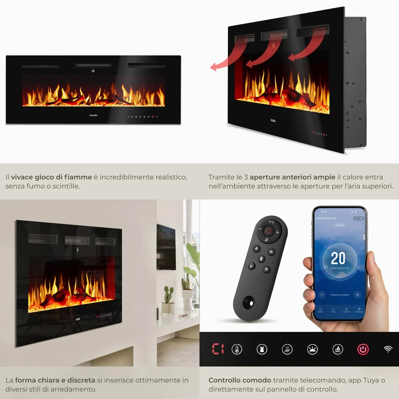 tectake® Caminetto elettrico da parete, Camino Elettrico 106,5x43x12 cm, 2 livelli di riscaldamento 900 W e 1800 W, 6 colori per effetto fuoco finto LED 3D, controllo app e WiFi e telecomando, Stufa