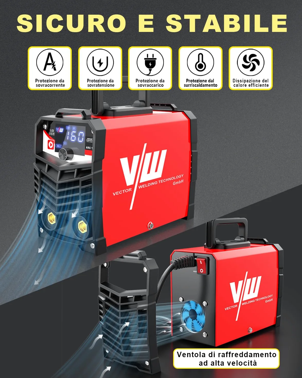 VECTOR WELDING 160A Saldatrice a Elettrodi, MMA/ARC/STICK Inverter Saldatrice, Saldatrice Portatile con IGBT e MCU per Principianti e Professionisti, ARC 160 con Hot Start, Arc Force