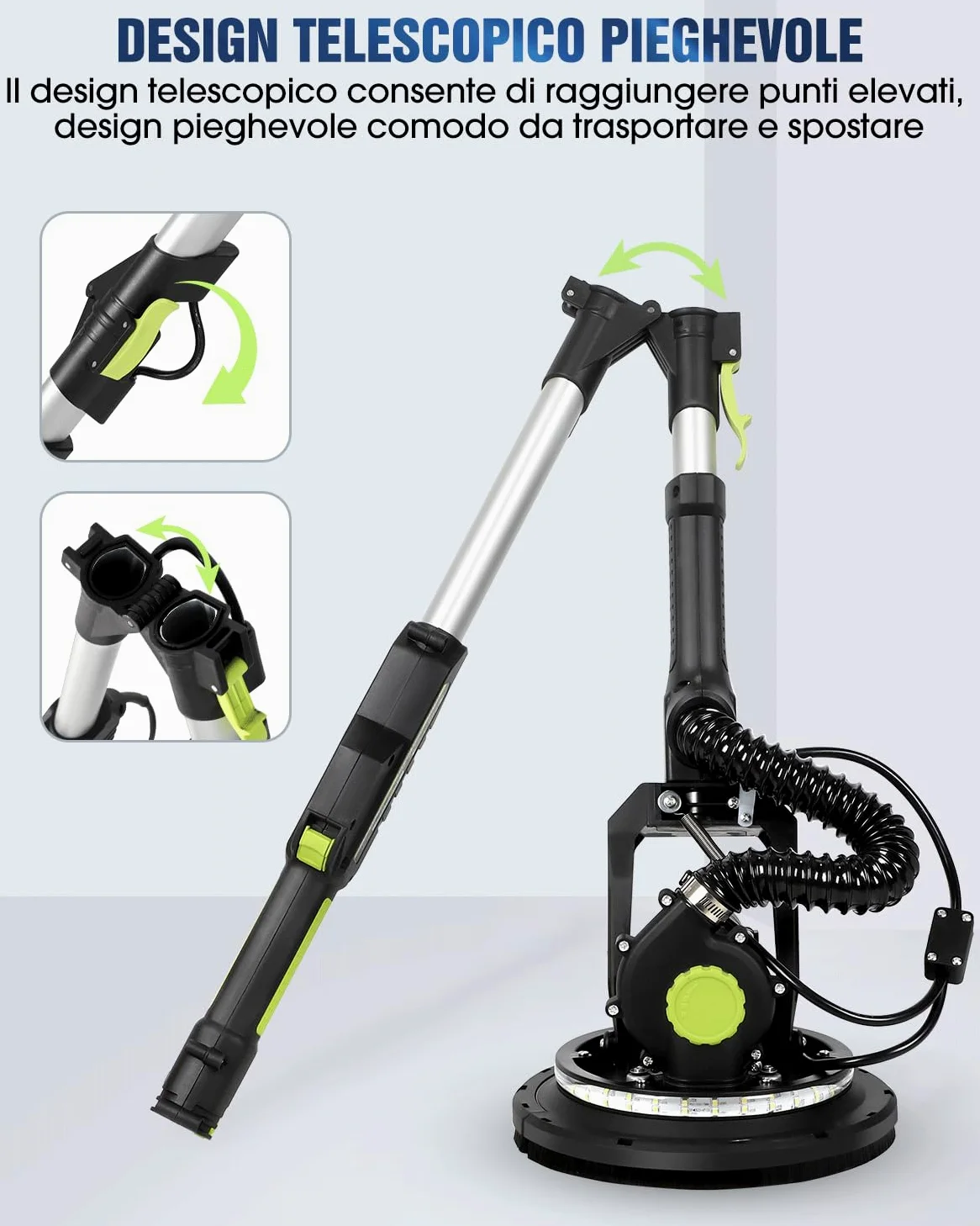 MYTOL Levigatrice per Muro con Aspiratore, 900W Elettrico Giraffa Levigatrice per cartongesso Manico Allungabile Pieghevole, 6 Velocità Variabili Massimo 1800U/min, Luce LED, 12 Carte Abrasive