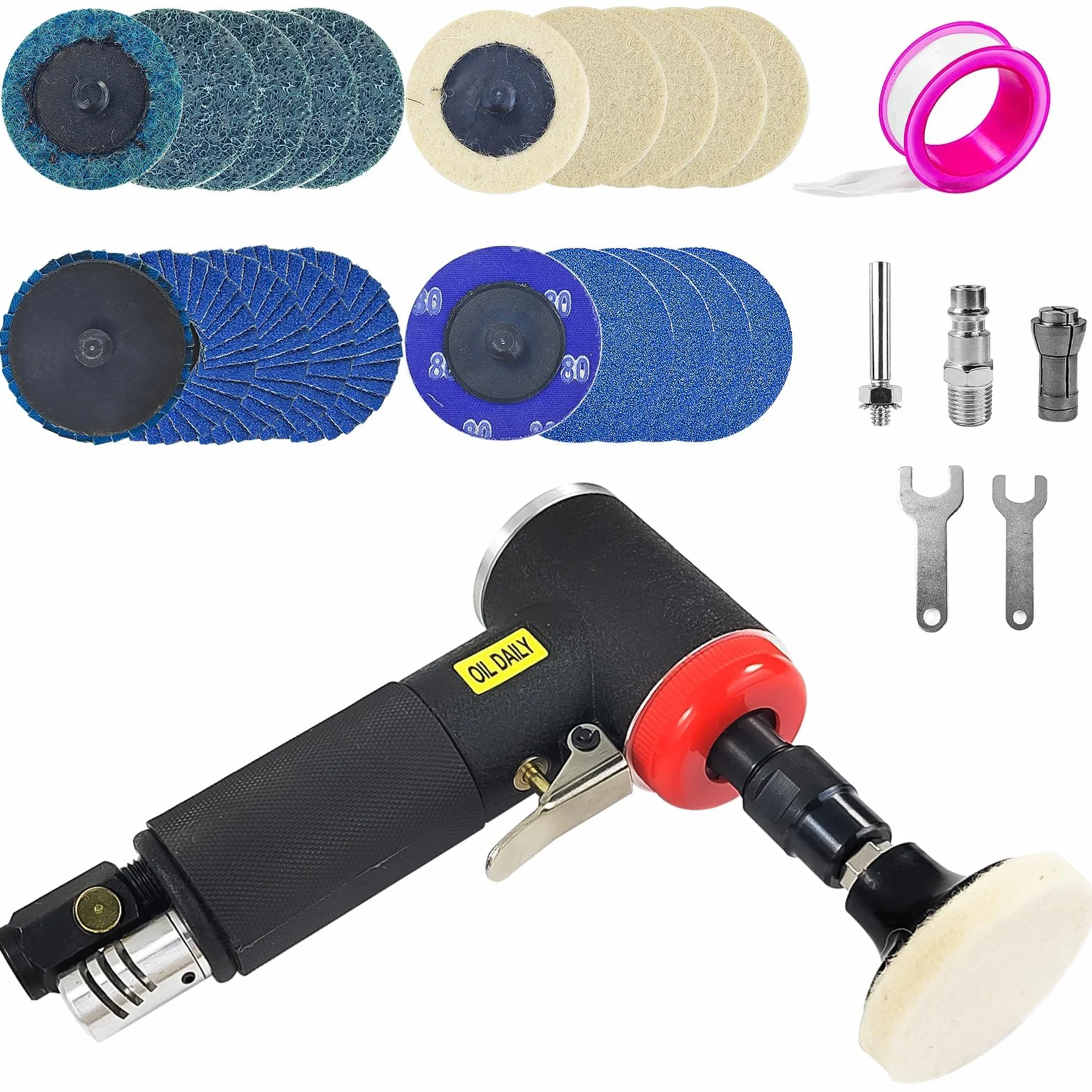 Mini Lucidatrice Auto, Mini Smerigliatrice Angolare Pneumatica con Mandrino a Pinza da 6 mm e 3 mm, Include Carteggiatrice e Mini Levigatrice con Set di 20 Dischi da 2 Pollici a Cambio Rapido