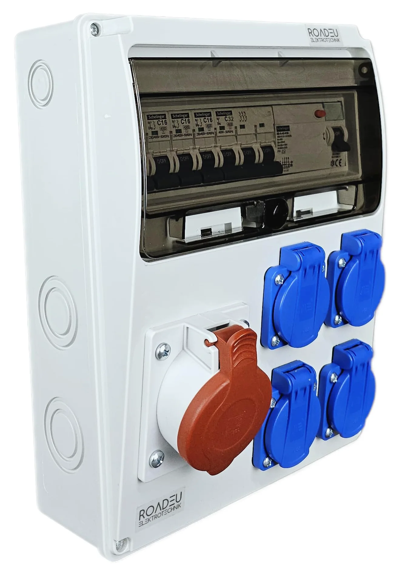 RoadEu- Quadro Elettrico di Distribuzione Industriale, presa CEE 32A con 4 prese Schuko da 230 V. Distributore di presa con interruttore di corrente residuale e interruttore automatico