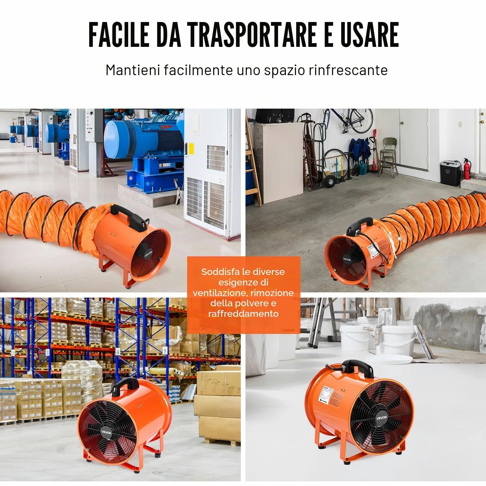 VEVOR Ventilatore Portatile, 365 W Estrattore d'Aria Aspiratore Industriale 304,8 mm Condotto Tubo Flessibile da 10 m Volume d'Aria 2574 CFM (4373 m3/h) 2 Marce per Aspirare Polvere Fumo 79 dB IP44