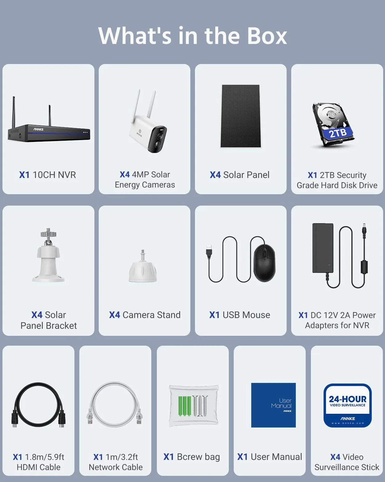 ANNKE 4MP Kit Telecamera WiFi Esterno con Pannello Solare, NVR 10CH 2TB + 4x Telecamera di Sicurezza Batteria Solare Esterna, Visione Notturna a Colori, Rilevamento Movimento, Audio a 2 Vie, IP66