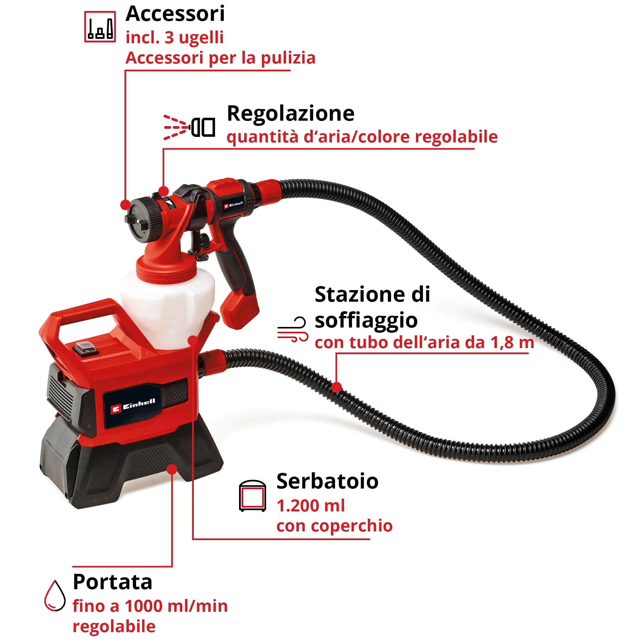 Einhell Sistema di verniciatura a spruzzo TE-SY 18/90 Li-Solo Power X-Change (18 V, portata 1000 ml/min, contenitore 1200 ml, quantità regolabile di aria/vernice, incl. accessori, batteria esclusa)