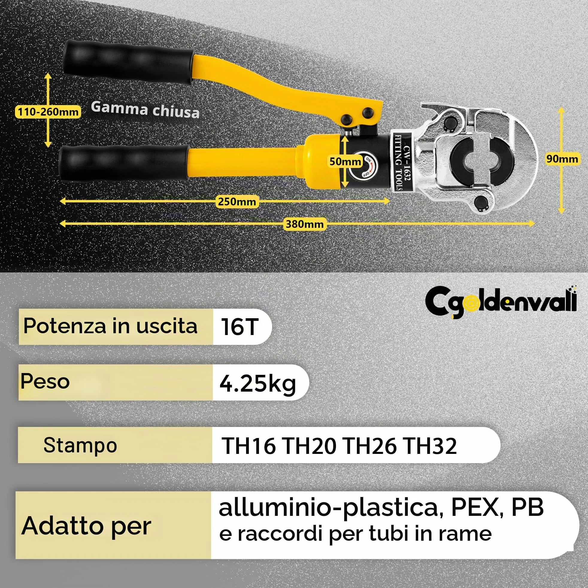 CGOLDENWALL Crimpatrice Idraulica Tubi Multistrato, con Stampi TH16 20 26 32 mm², Uscita 16T, con Testa di Crimpaggio Girevole a 360°, per Tubi in Rame/Alluminio Plastica/Pex/PB