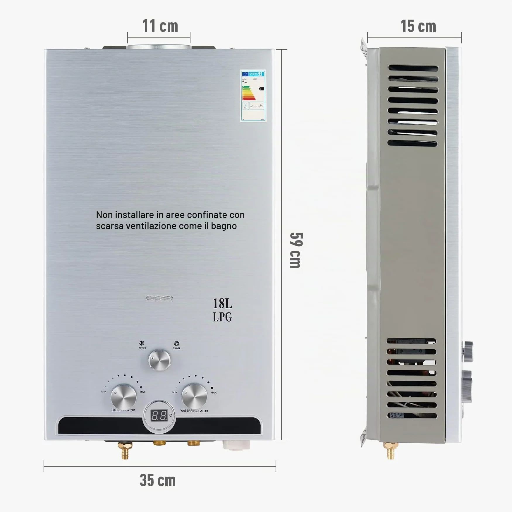 CO-Z Scaldabagno a Gas GPL 18L con Modalità Inverno ed Estate Caldaia a Gas GPL da 30.6 kW a Parete senza Serbatoio Scaldacqua Istantaneo Automatico con Anima in Rame e Display a LED (18L)
