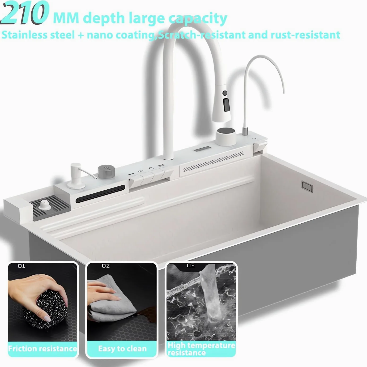 Lavello da cucina multifunzionale, lavello da cucina nero 1 vasca con sgocciolatoio 85x50 cm, lavello moderno a cascata, adatto per cucina, bar (Bianco, 80X45CM)