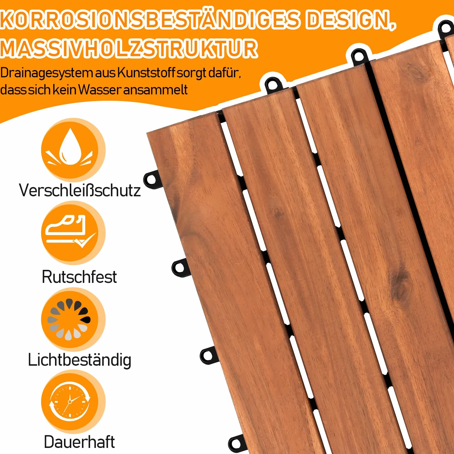 Randaco Piastrelle in legno, per terrazze, in legno di acacia, 30 x 30 cm, set da 55 piastrelle, 5 m², con drenaggio per esterni, giardino, terrazza