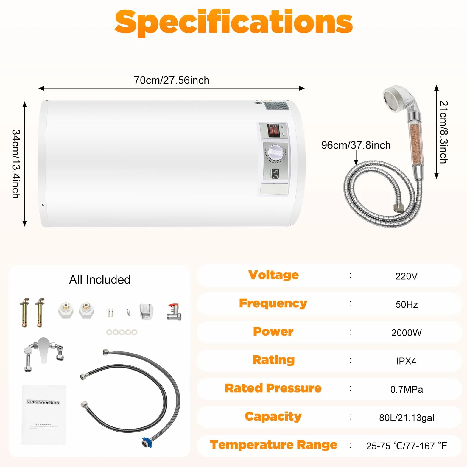 Serbatoio acqua calda elettrica 2000 W Smart Boiler a parete scaldabagno 80 L incl. valvola di sicurezza, soffione doccia e tubo, IPX4, temperatura di riscaldamento 25-75 ℃