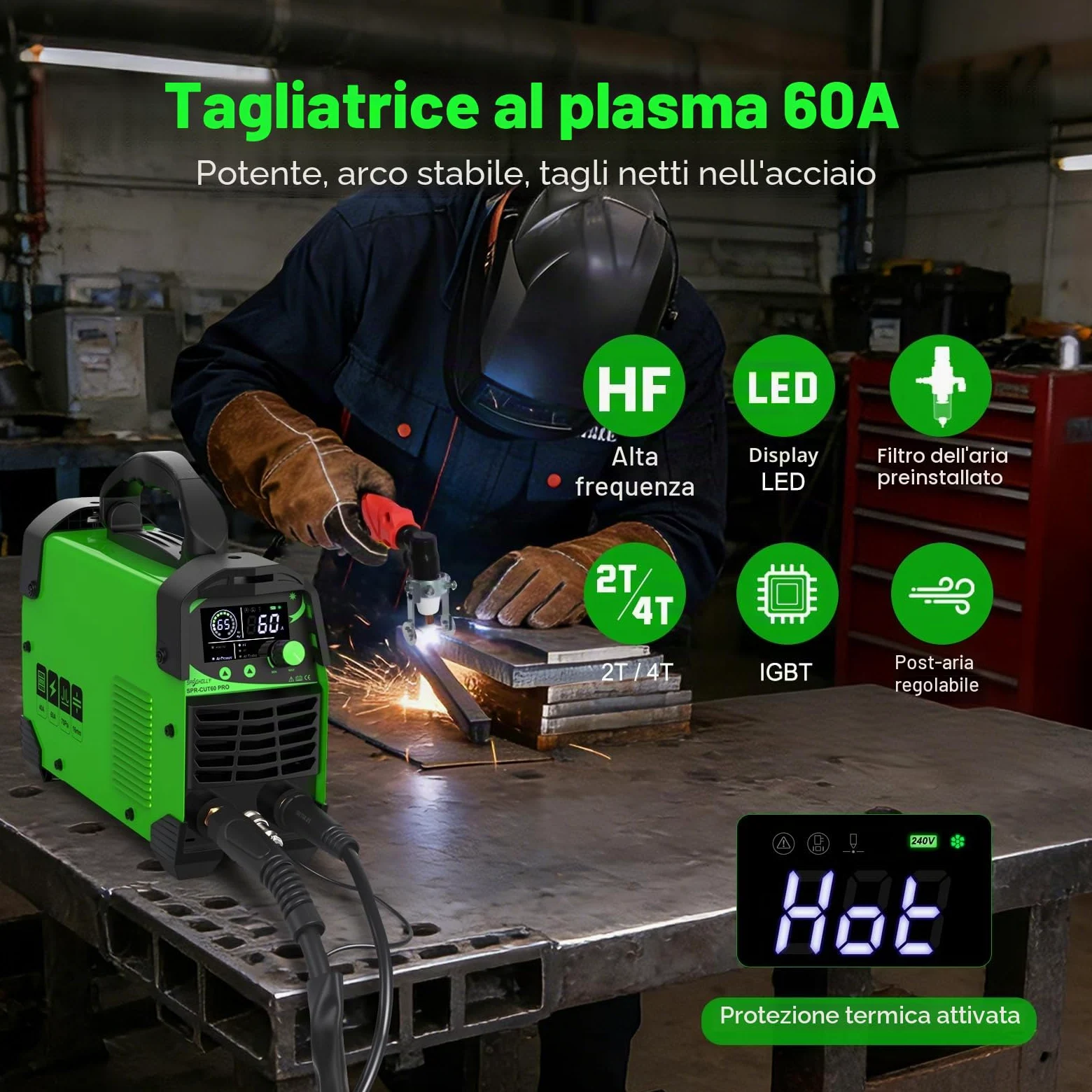 CUT60 PRO 60A IGBT Taglierina al Plasma 240V - Taglio max acciaio 16mm, taglio pulito 10mm - Display LED digitale, modalità 2T/4T, protezione sovraccarico, avvio facile