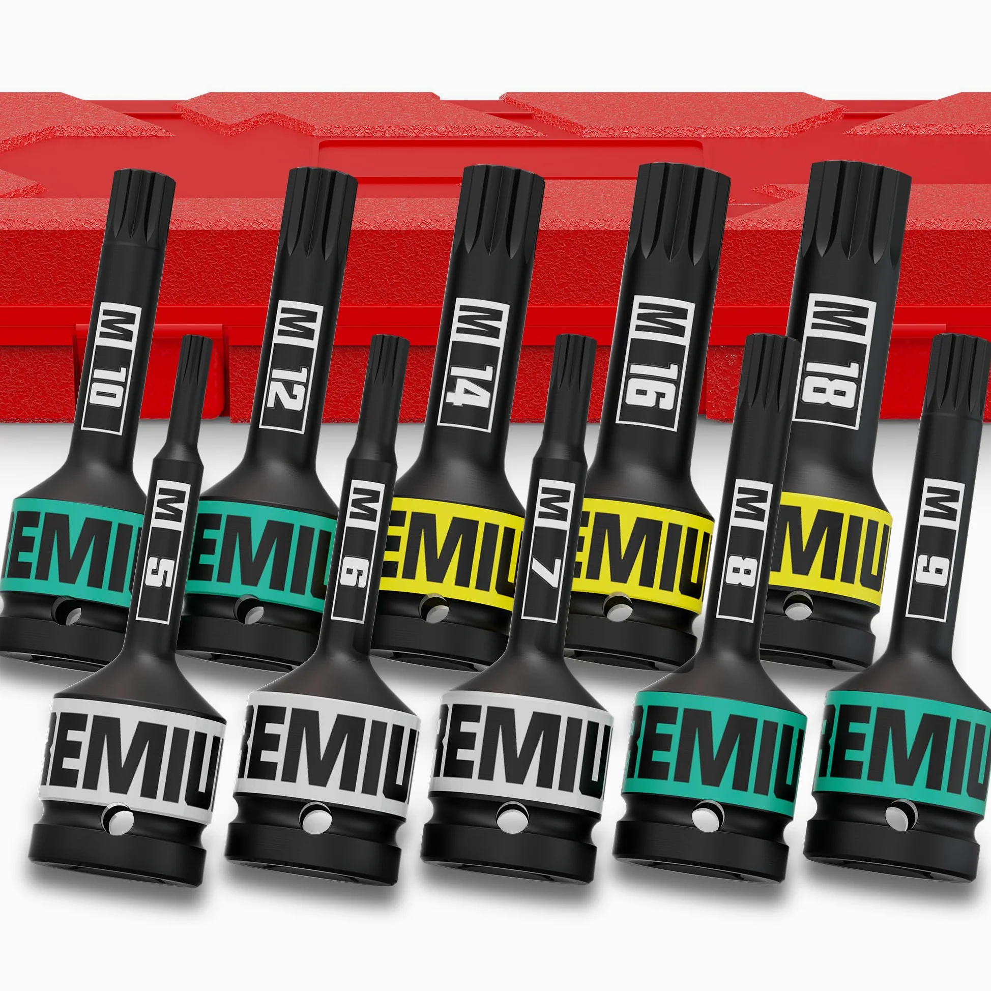 Chiavi a Bussola XZN 1/2", 10 Pezzi Bussola con Denti Multipli Set, M5 - M18 Tripla Scanalatura Quadrata, Indicato per Interventi su Auto Piccole Riparazioni Domestiche