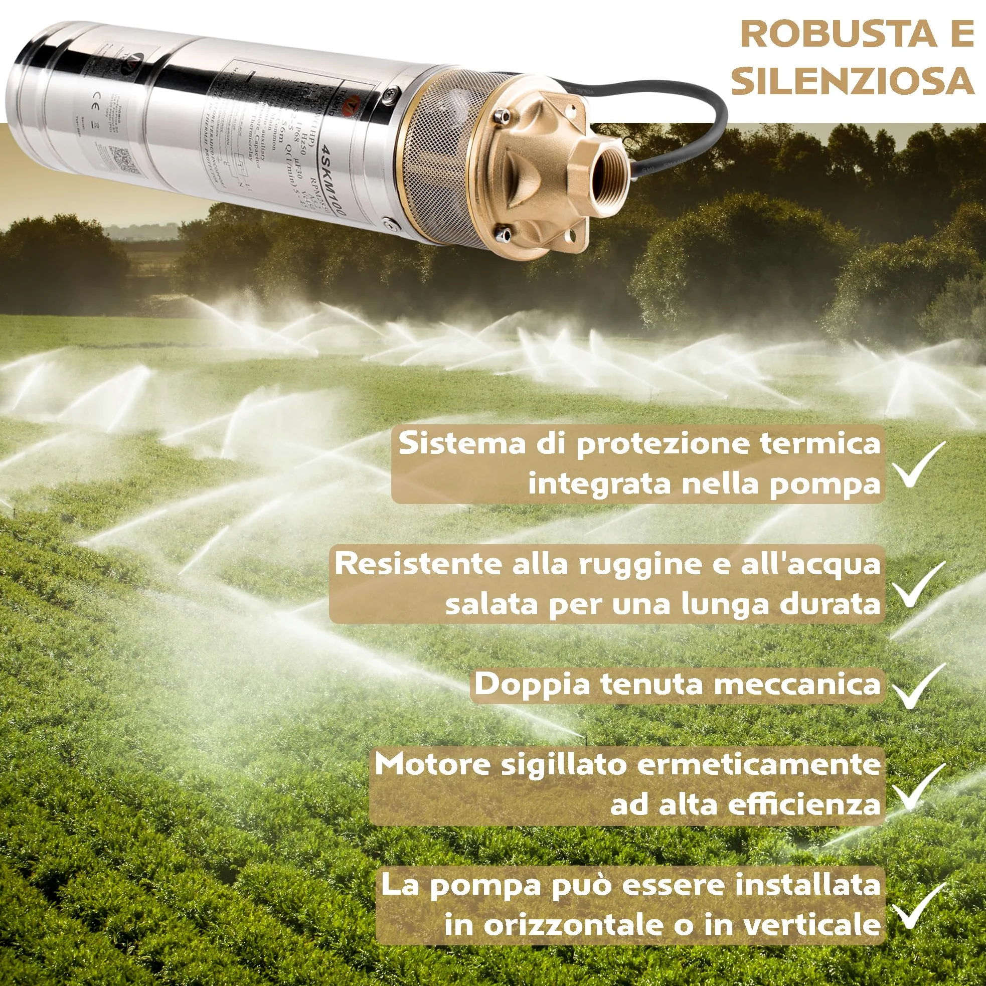 TIGMIG Pompa Sommersa Per Pozzi 750 W, 10m, Portata Max 2700 litri/h, Acciaio Inox 304, Protezione IP68, Pompa Immersione Sommergibile, Pozzi Profondi, Terreni Agricoli, Irrigazione, Drenaggio Cantine