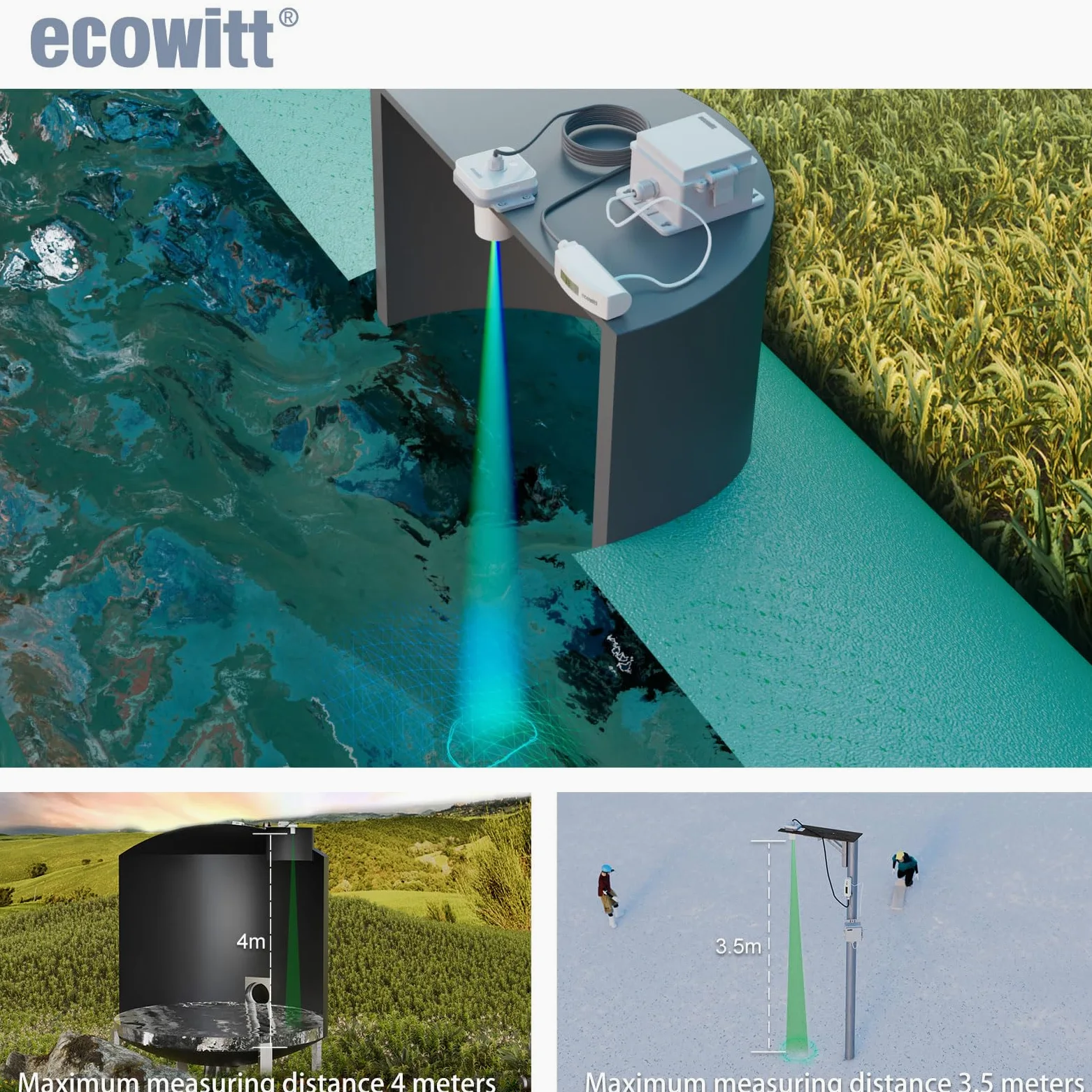 ECOWITT LDS01 Misuratore di distanza laser, dispositivo di misura laser da 4 m con cavo da 1,5 m, strumento di misura laser da esterno per livello dell'acqua/neve/profondità dell'olio con display LCD