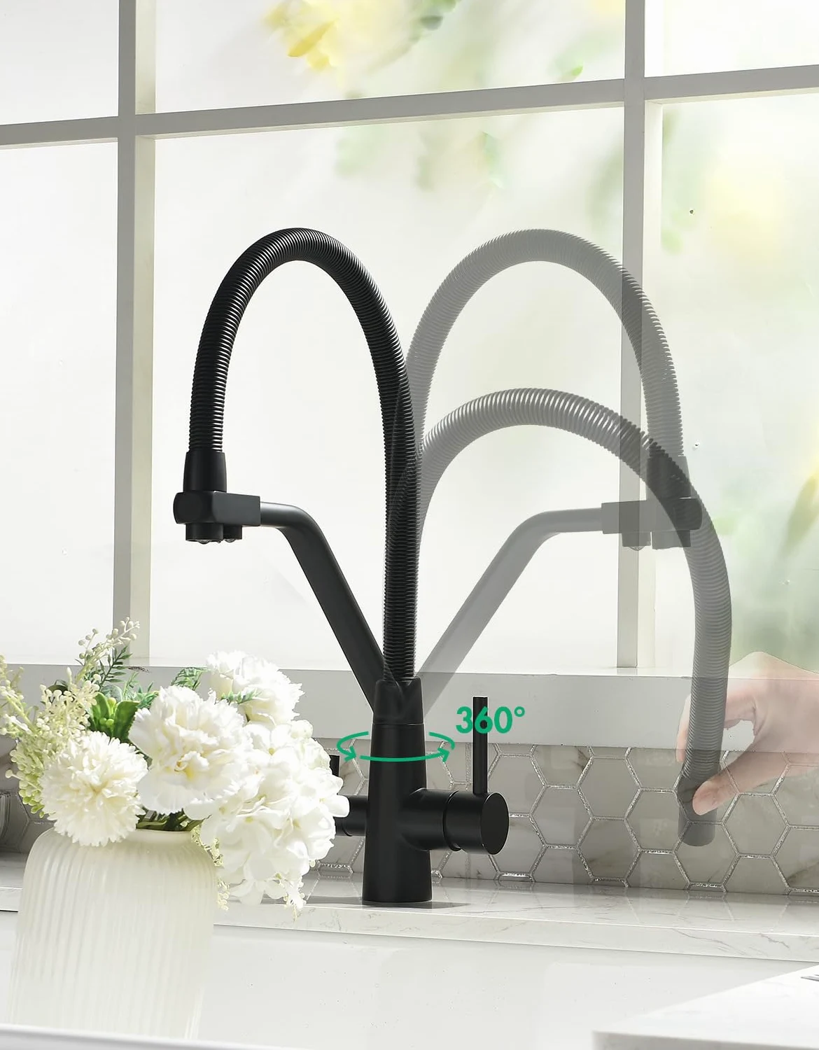 TIMACO - Rubinetto da cucina nero a 3 vie, girevole a 360°, con rubinetto 3 in 1 per filtro dell'acqua, con molla a spirale, con doppia leva, ad alta pressione