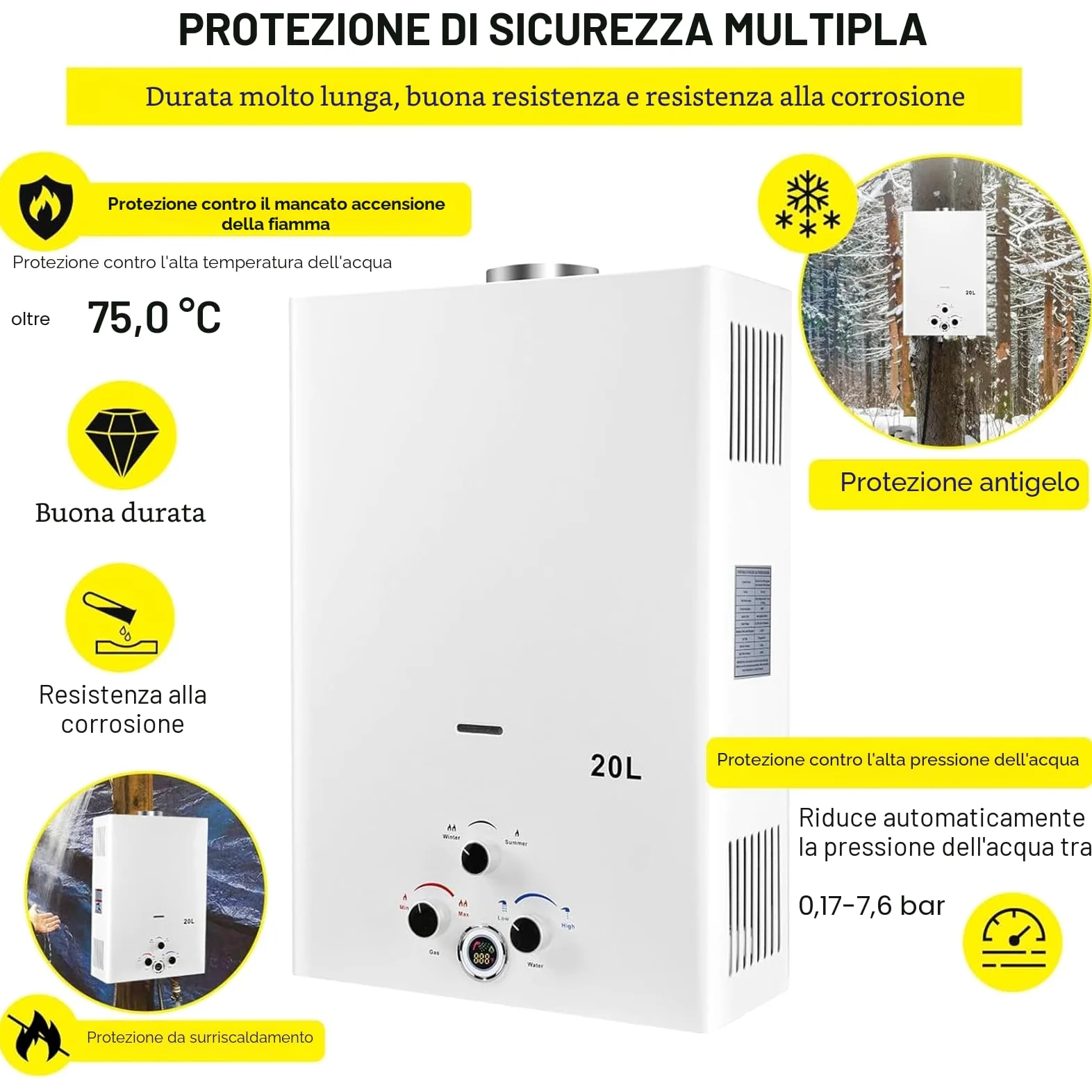 Scaldabagno a Gas 20L, All'aperto Portatile Scaldabagno Istantaneo a Propano Con Display Digitale Multi-Protezione Parete senza Serbatoio Scaldacqua Istantaneo Automatico