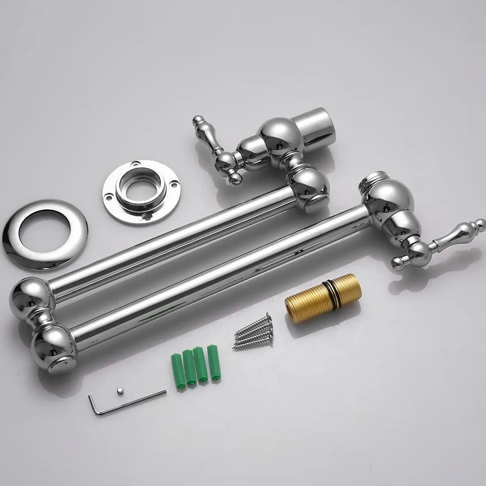 Rubinetto di Riempimento del Vaso in Ottone Massiccio - Pieghevole per Lavello da Cucina, Singolo Foro, Due Maniglie, a Parete Girevole, Pot Filler Tap Chrome