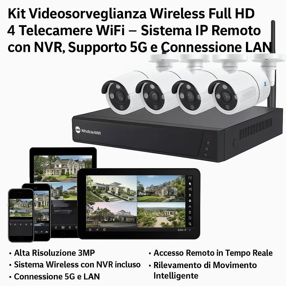 DE ROSA SHOP Kit Videosorveglianza Wireless, HD 4 Telecamere WiFi, Sistema IP Remoto con NVR, Supporto 5G e Connessione LAN, Sistema di Sorveglianza con Rivelazione Movimento.