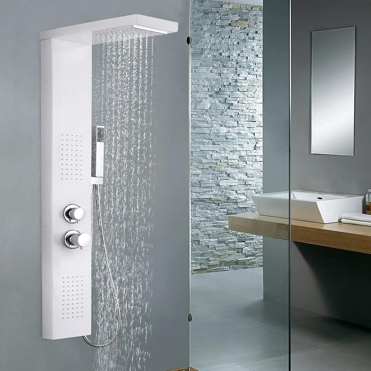 LARS360 Pannello doccia rubinetto doccia in acciaio inox 4 in 1 sistema doccia con doccetta a pioggia, doccia a pioggia, doccia a cascata, set doccia per bagno doccia, pannello doccia bianco