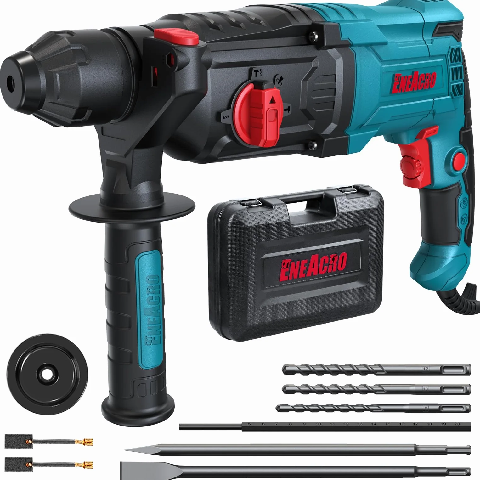 ENEACRO Martello Perforatore SDS-Plus, 6 Velocità Variabili con 4 Funzioni, Frizione di Sicurezza, Capacità di Foratura di 26 mm nel Calcestruzzo - Include 3 Punte, 2 Scalpelli e Cassette