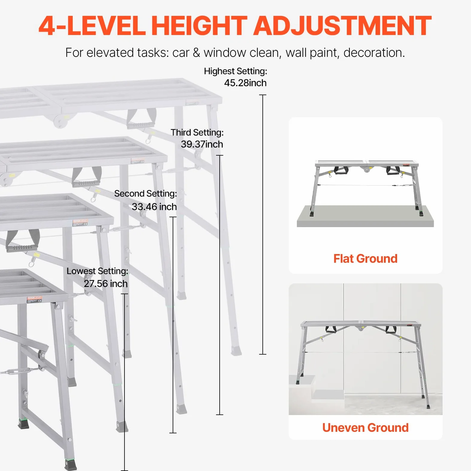 VEVOR Piattaforma di Lavoro, Altezza Regolabile a 4 Marce 1150 mm, Scala Pieghevole in Lega di Acciaio, Piattaforma per Ponteggi Capacità 360 kg, Piedini in Gomma Antiscivolo, per Pulizia Lavaggio