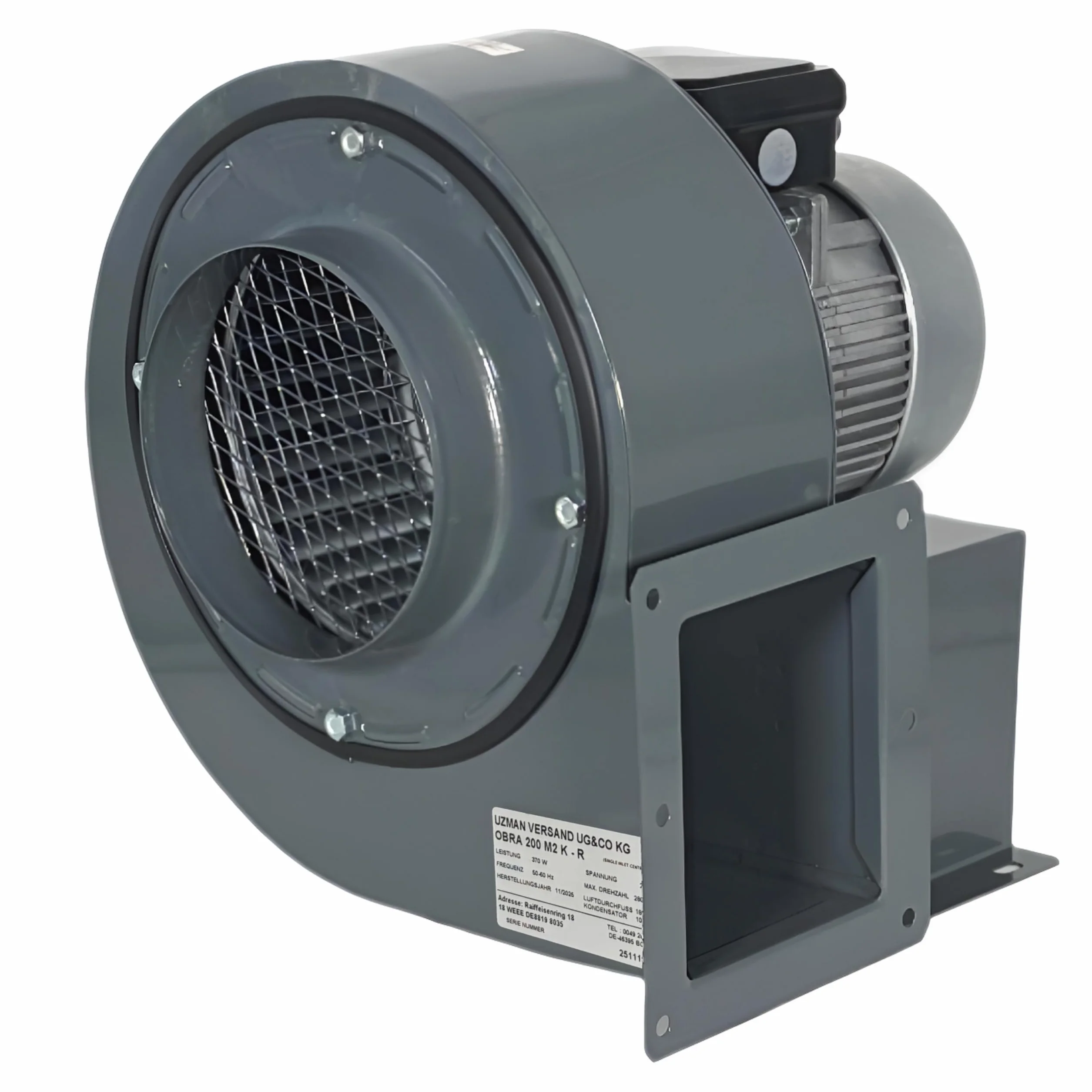Uzman - Spedizione OBR-200M - Ventilatore radiale con regolatore di velocità industriale da 400 Watt, ventilatore centrifugo radiale, ventilatore radiale, ventilatore da parete
