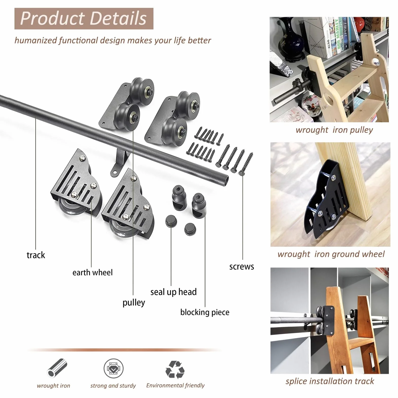Libreria con scale scorrevoli Set completo Binario scorrevole con hardware (senza scala) Kit binario con scala mobile a tubo tondo, Binario di estensione scorrevole - Rullo da pavimento con freno ( Si