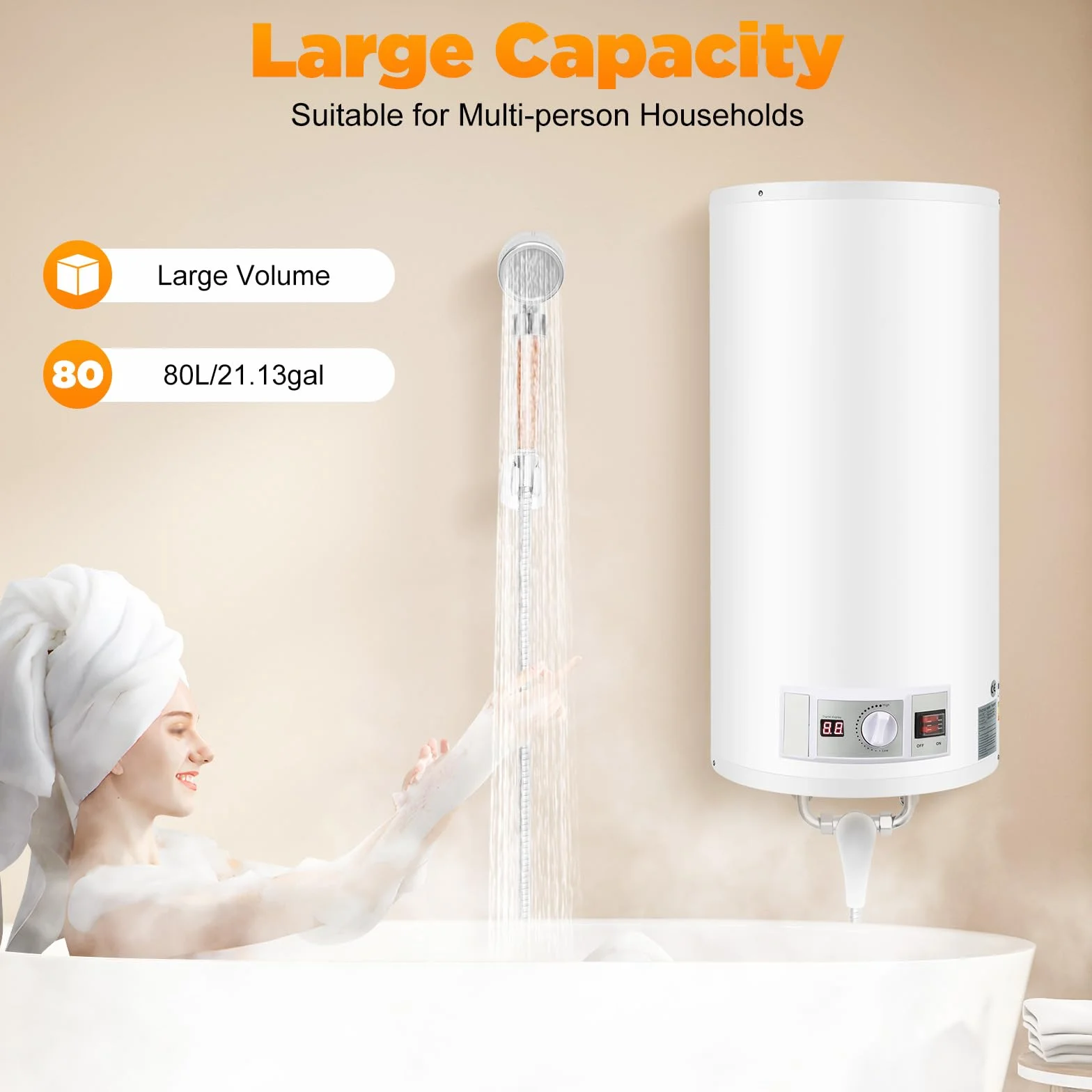 Serbatoio acqua calda elettrica 2000 W Smart Boiler a parete scaldabagno 80 L incl. valvola di sicurezza, soffione doccia e tubo, IPX4, temperatura di riscaldamento 25-75 ℃