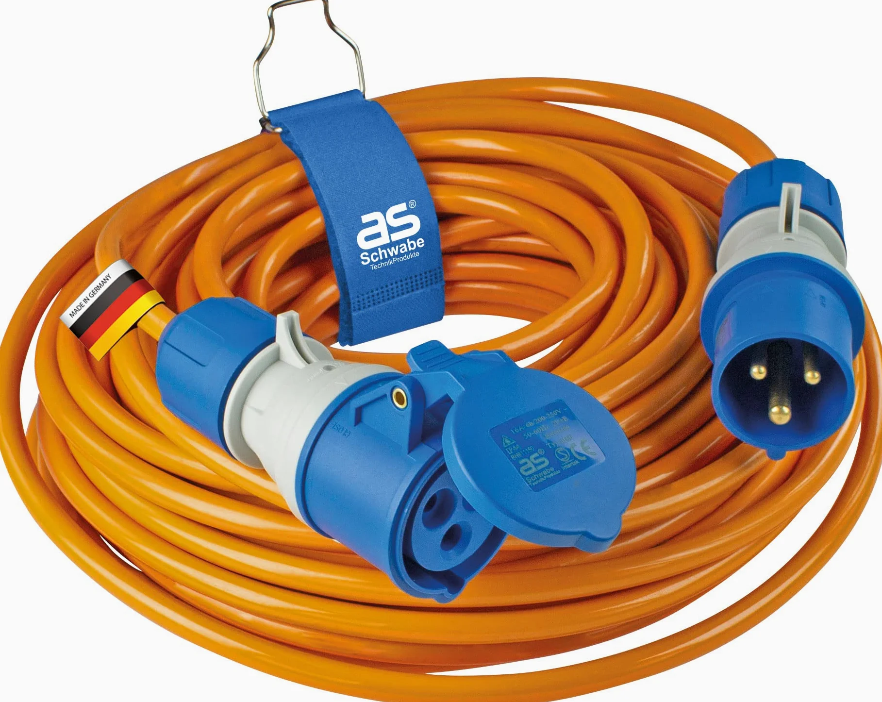 as - Schwabe Cavo di prolunga da campeggio, 25 m, 230 V, 16 A, 3 poli, spina CEE con indicatore di tensione, accoppiamento CEE con coperchio ribaltabile, prolunga per camper, prodotto in Germania,