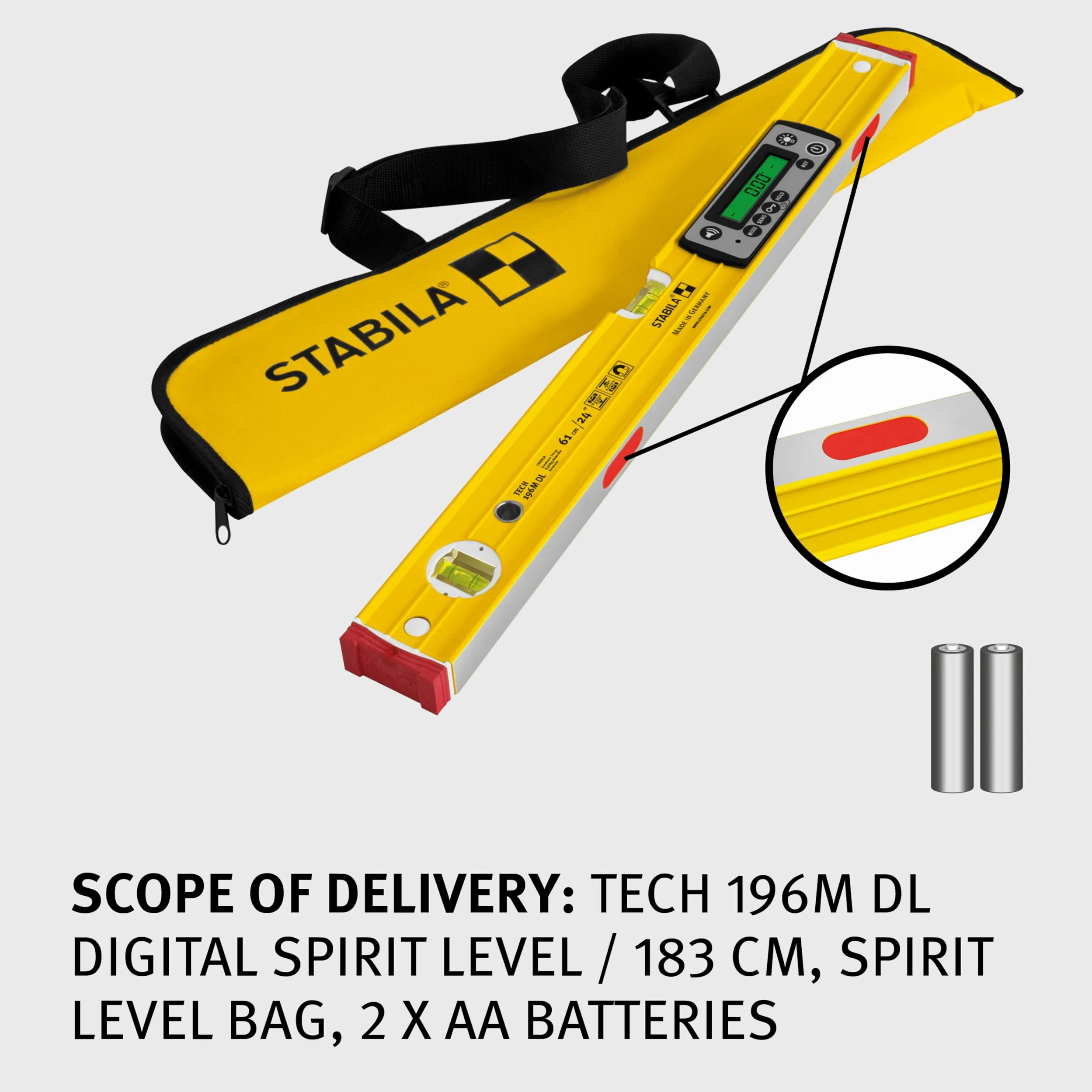 STABILA Livella elettronica TECH 196M DL – livella digitale impermeabile e antipolvere secondo IP 67, 2 display digitali, senza calibrazione con custodia, 61 cm