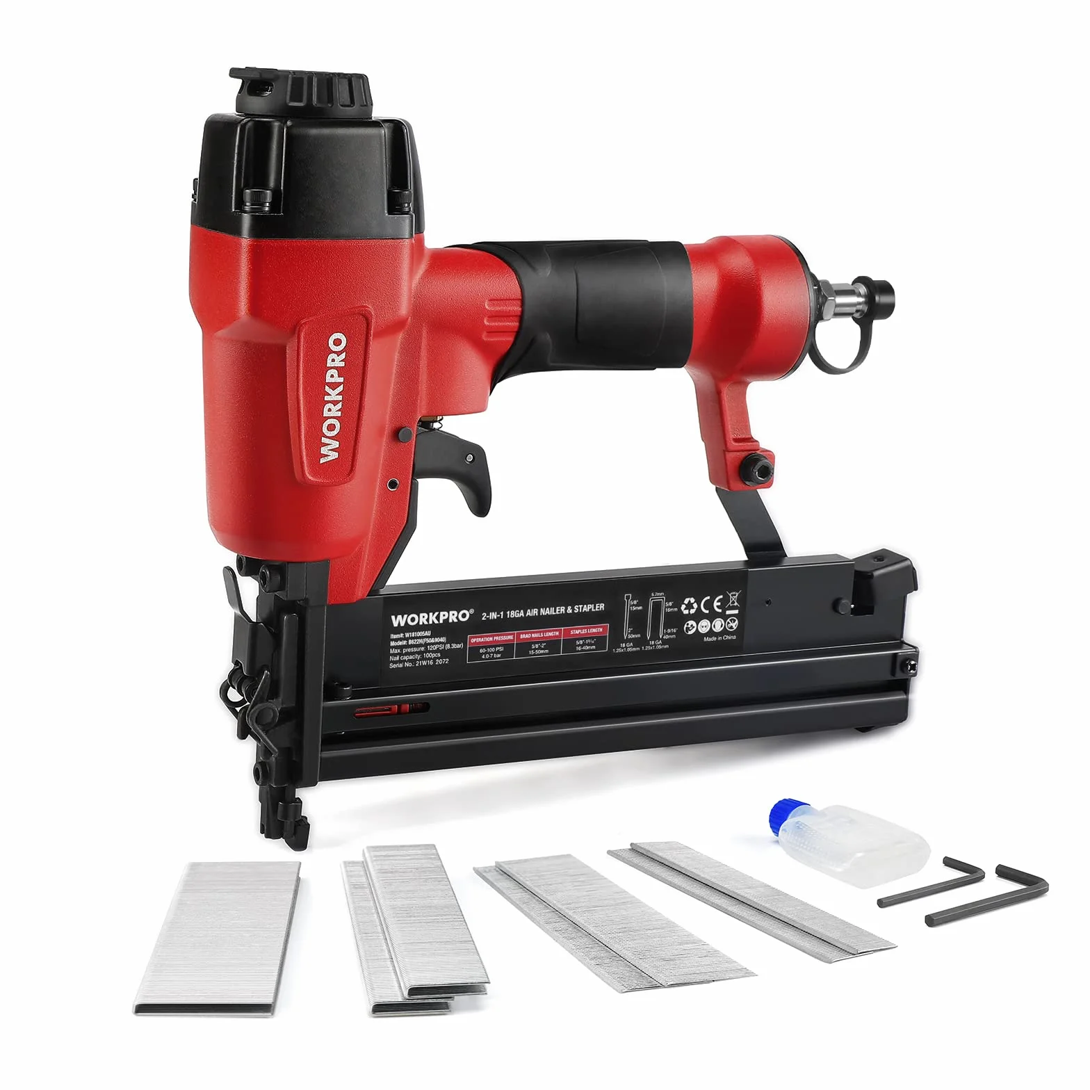 WORKPRO Chiodatrice Pneumatica 2 in 1, 18GA 9040/F50 Sparachiodi Aria Compressa max 7,1 bar con 400 Chiodi e 300 Graffette, Adatto per la fabbricazione di mobili, decorazione d'interni ecc