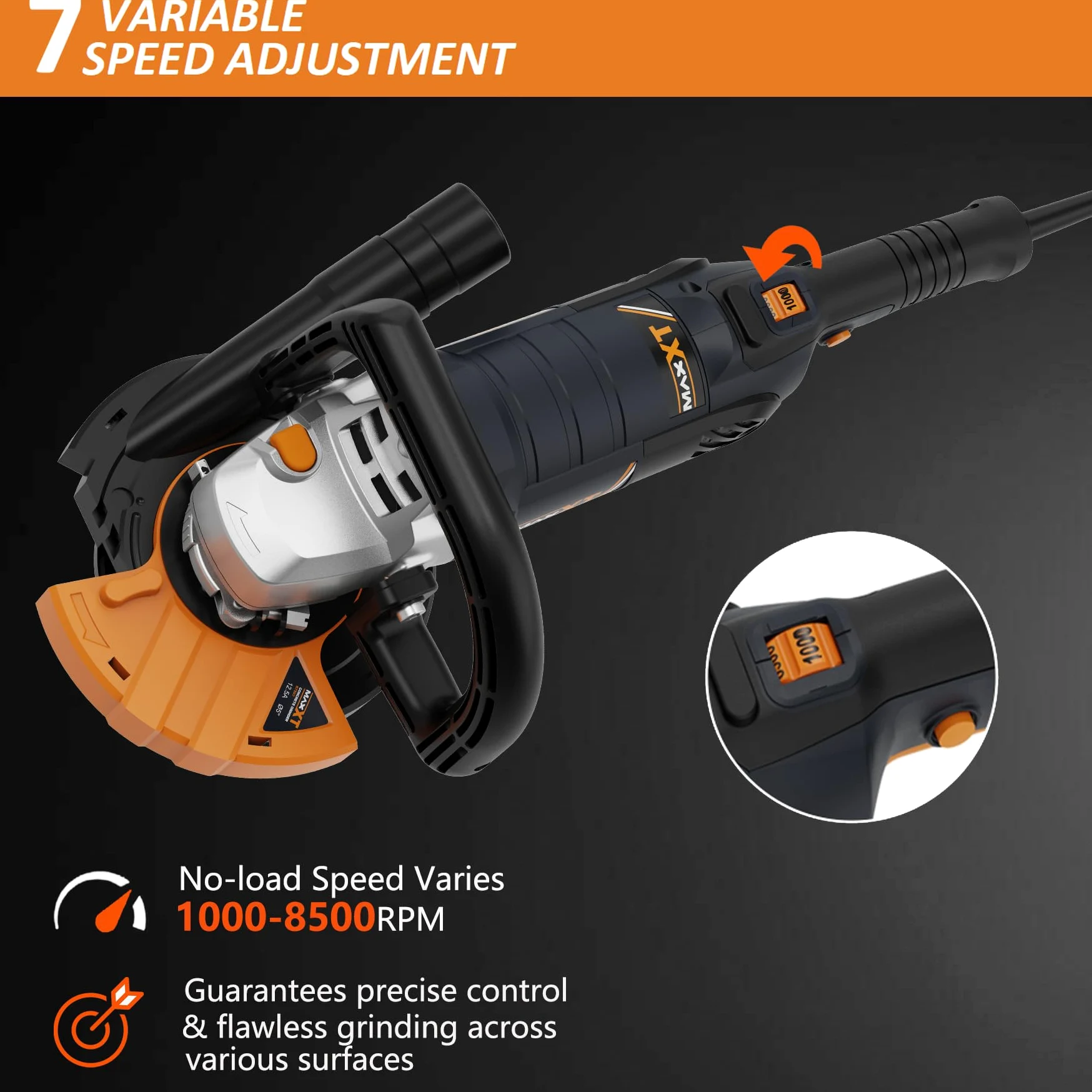 Levigatrice per Cemento 1500W, MAXXT Smerigliatrice per calcestruzzo 1000-8500RPM 7 Velocità Regolabili, Levigatrice per Calcestruzzo con Protezione Rimovibile（Include due dischi abrasivi al diamante）