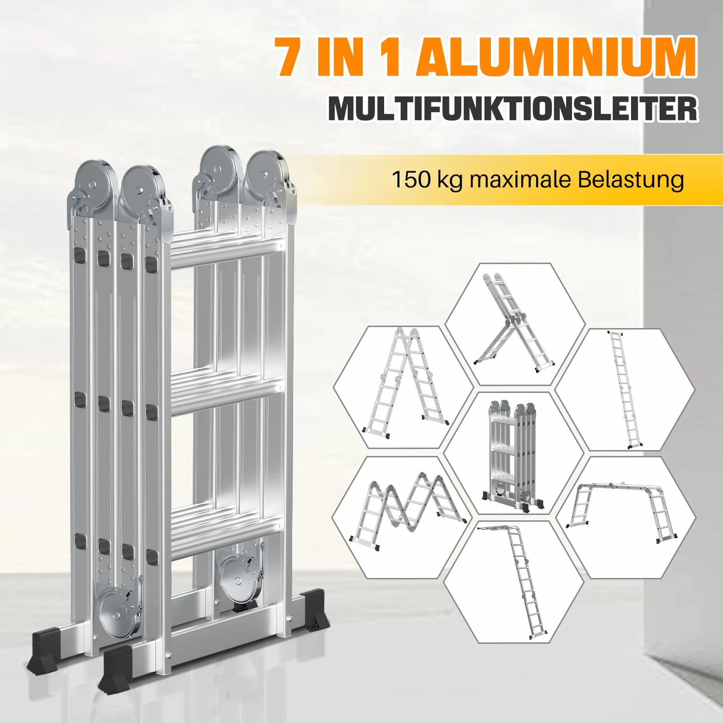 Scala multiuso pieghevole 3,6 m 4 x 3 m in alluminio, 7 in 1, multifunzione, per uso professionale, con 2 piastre ponteggio e 2 ruote, portata fino a 150 kg