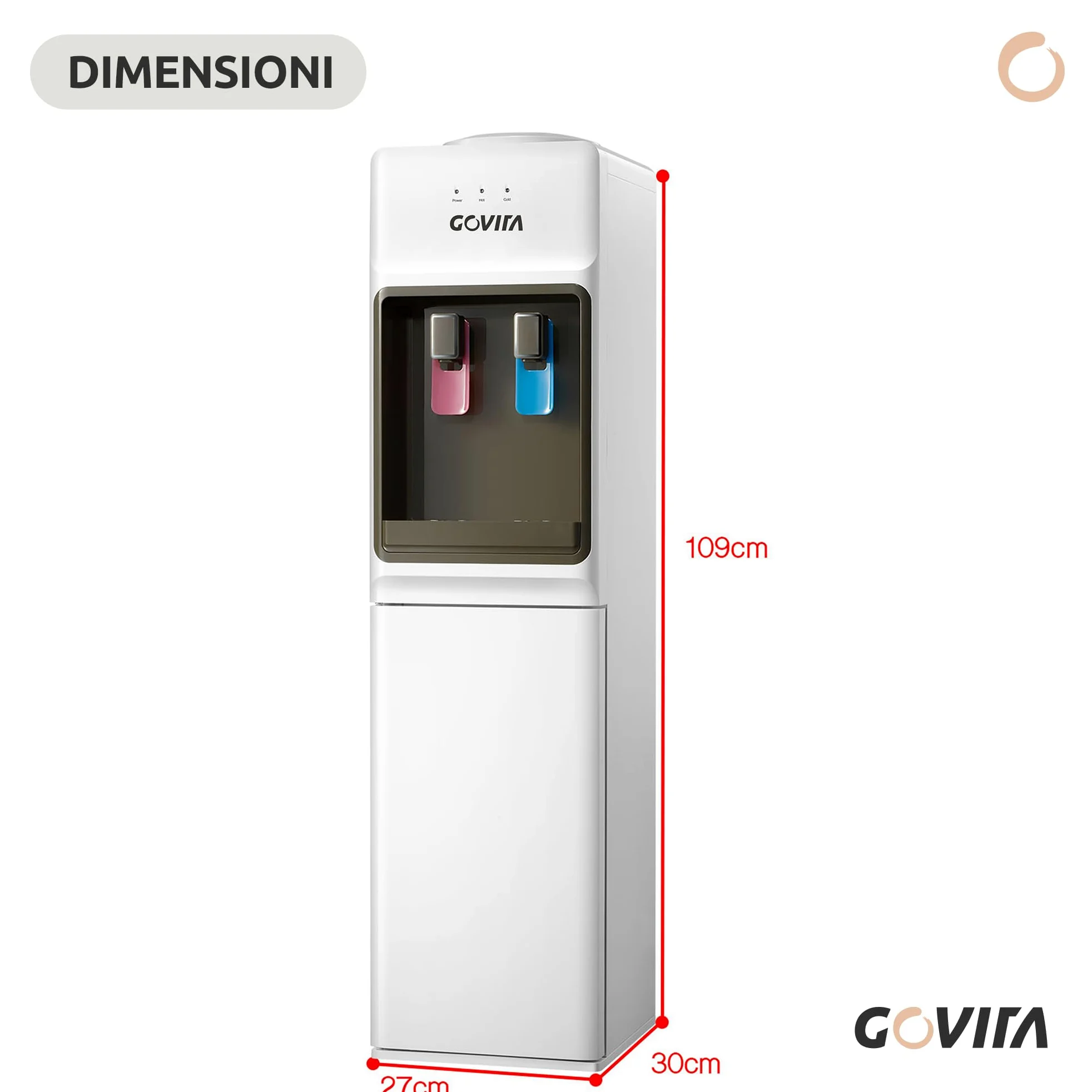 GOVITA - Dispenser Acqua a Colonnina a Boccione 18L – Erogatore Acqua Fredda Calda e Ambiente con Compressore – Distributore Acqua Refrigerata per Casa e Ufficio - con portabicchieri