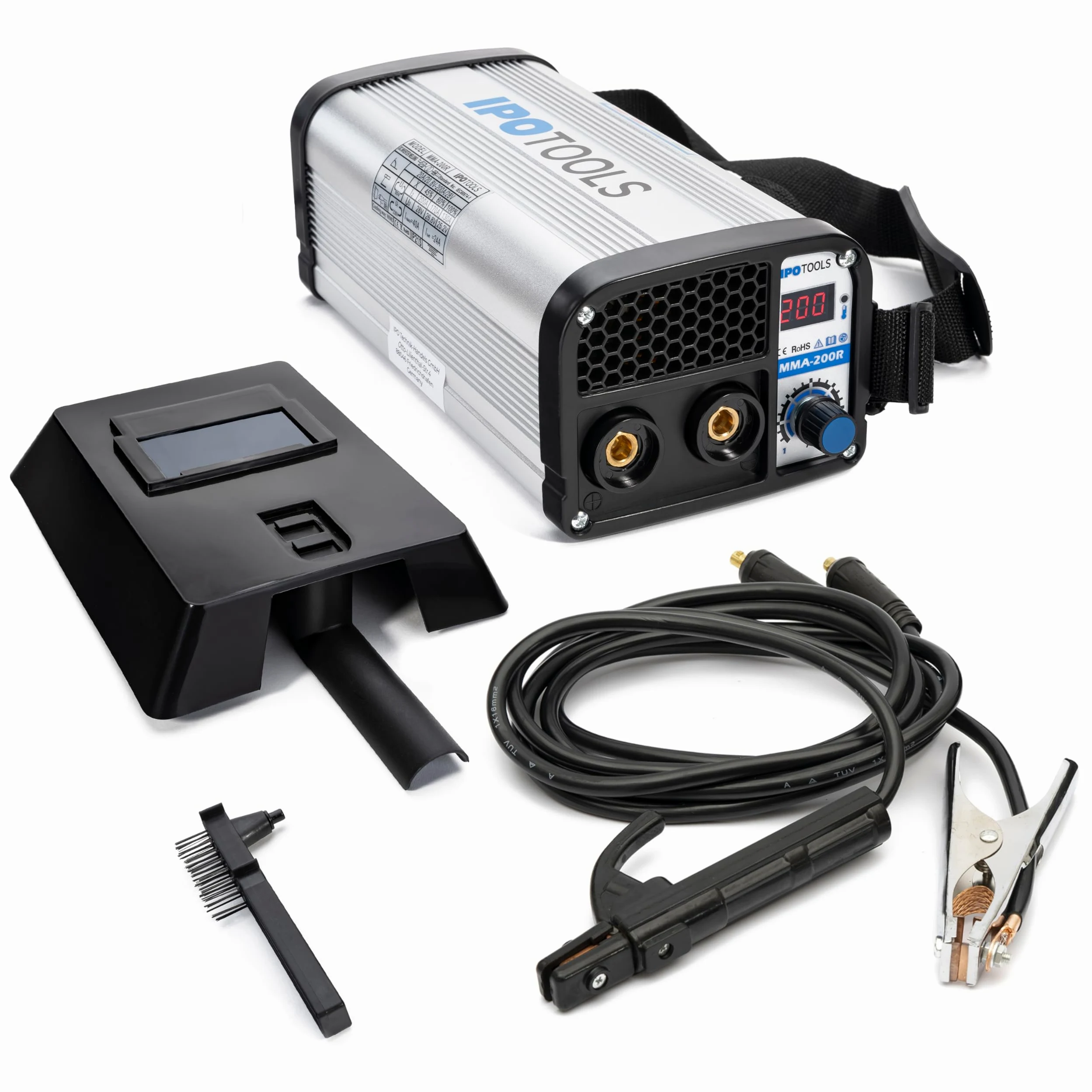 IPOTOOLS MMA-200R - Saldatrice a elettrodi IGBT MMA/E-Hand con display LCD da 200 Amper/230 V, anti-stick/hot star/Arc-Force/scudo di protezione