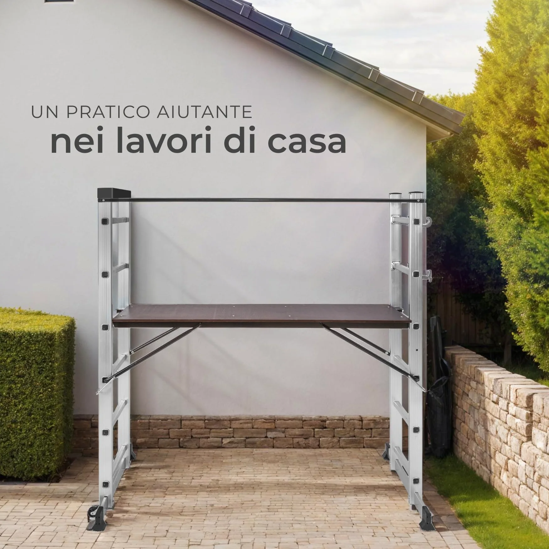 tectake® Scala Alluminio 4 in 1 Multifunzione con Piattaforma da Lavoro, Ponteggio da Lavoro con Ruote, Scala in Alluminio Pieghevole, Trabattello da Lavoro