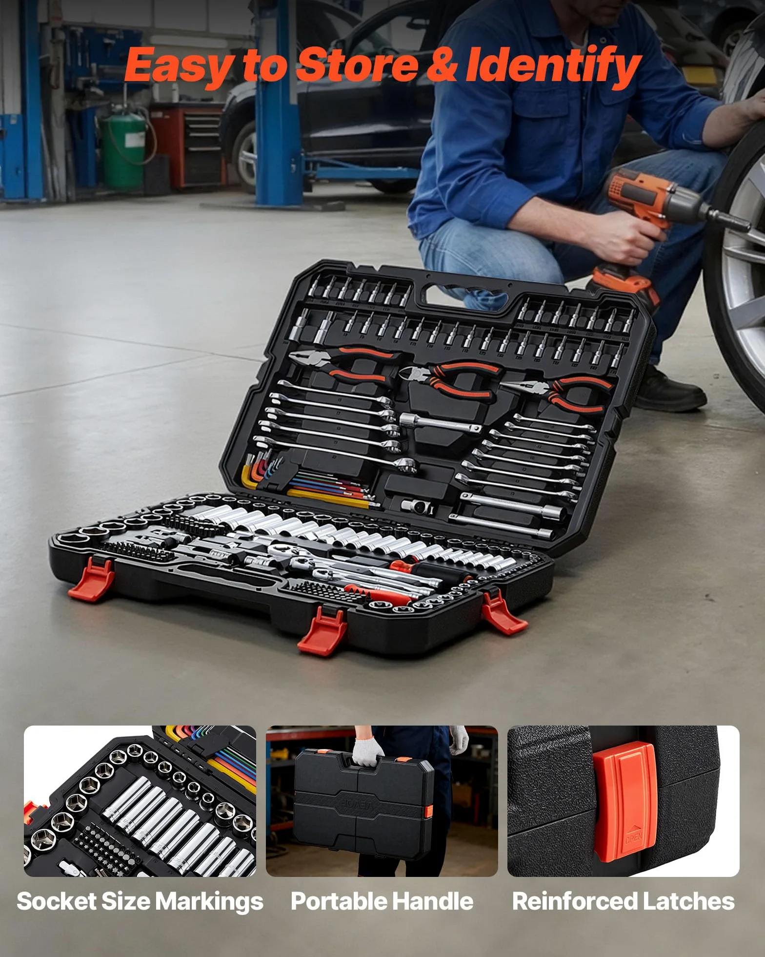 VEVOR Set di Chiavi a Bussola da 314 pezzi Chiavi a Cricchetto Attacco da 1/4 pollici 3/8 pollici 1/2 pollici, Set di Utensili Riparazioni Comuni Progetti Fai-da-te, Custodia Attrezzi per Meccanico