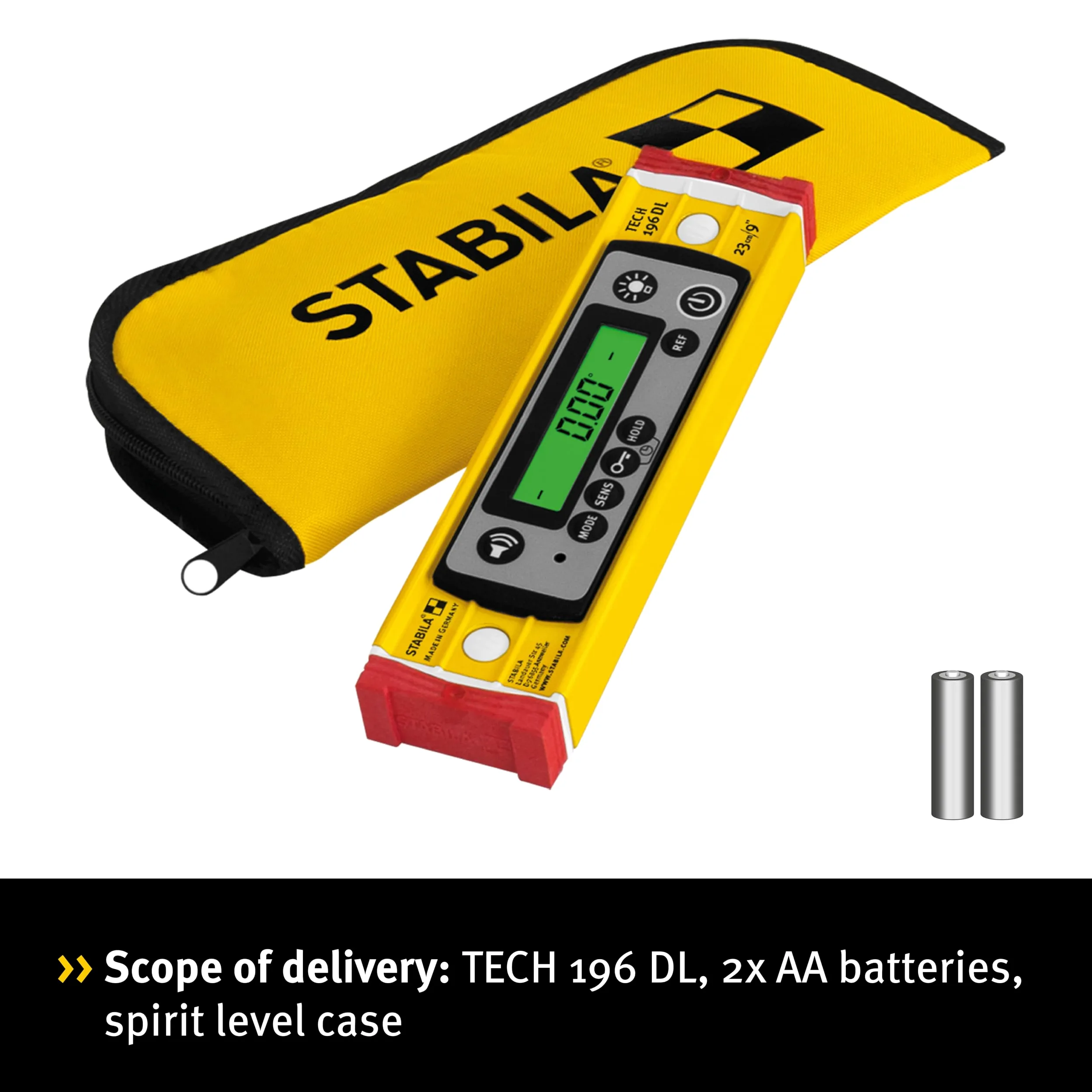 STABILA Livella elettronica TECH 196 DL – livella digitale impermeabile e antipolvere secondo IP 67, 2 display digitali, senza calibrazione con custodia, 23 cm