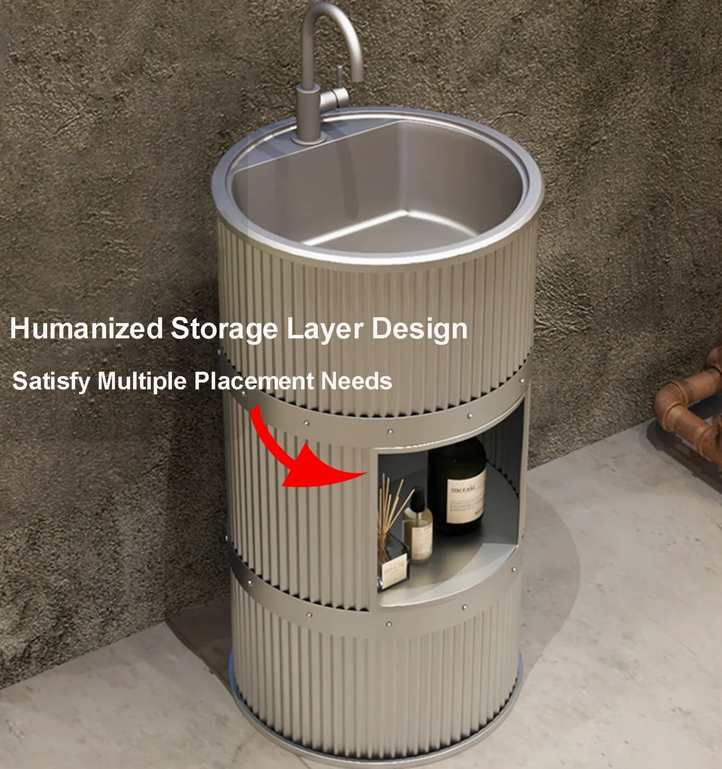 ZTGL Lavandino a Colonna Moderno in Ferro Battuto, Mobile da Bagno con Lavabo in Acciaio Inox, Lavandino su Piedistallo Freestanding Set con Rubinetto e Scarico